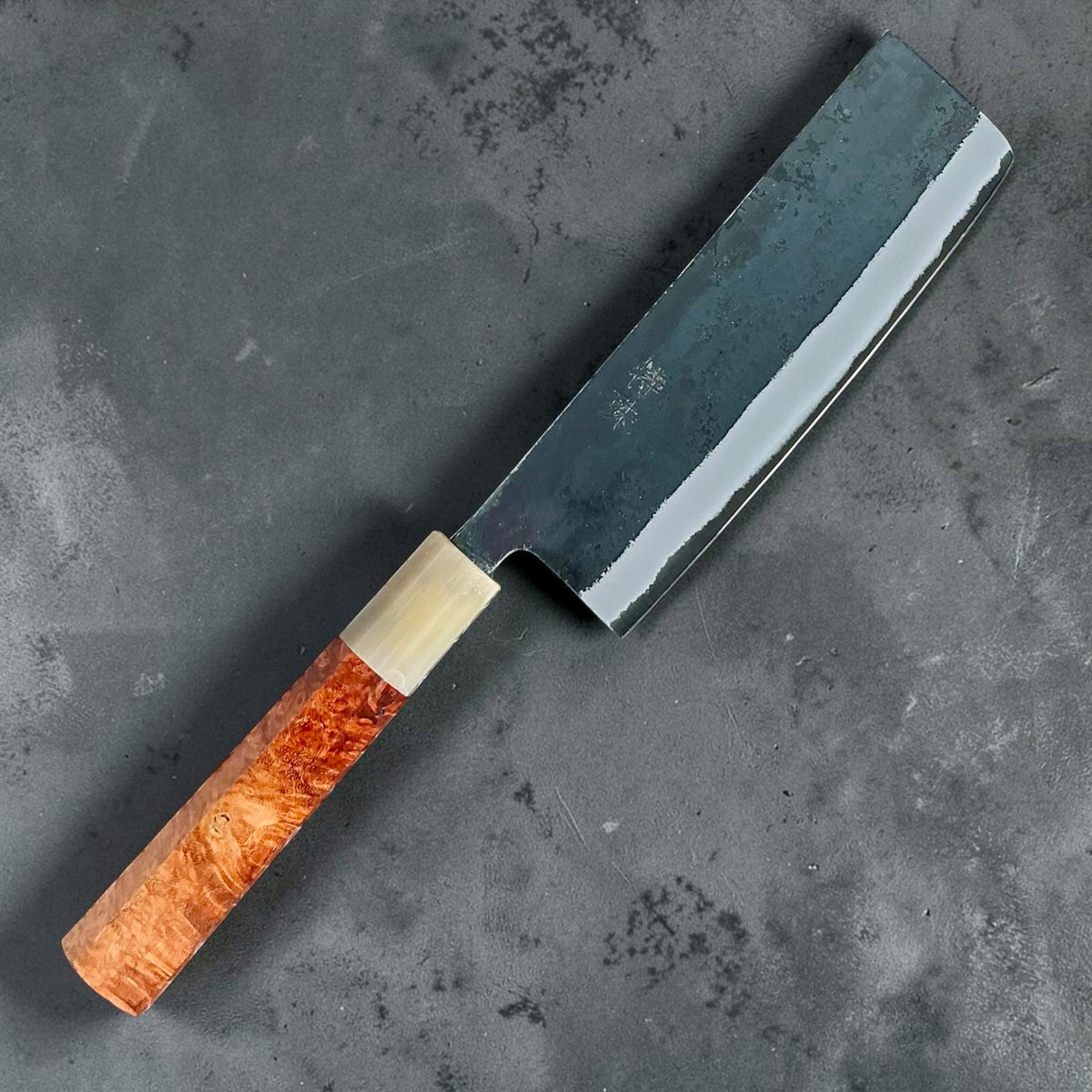Tokushu Knife White No. 2 iron clad forged finish Nakiri 165 mm, amboyna & horn, full knife #handle_amboyna & horn
