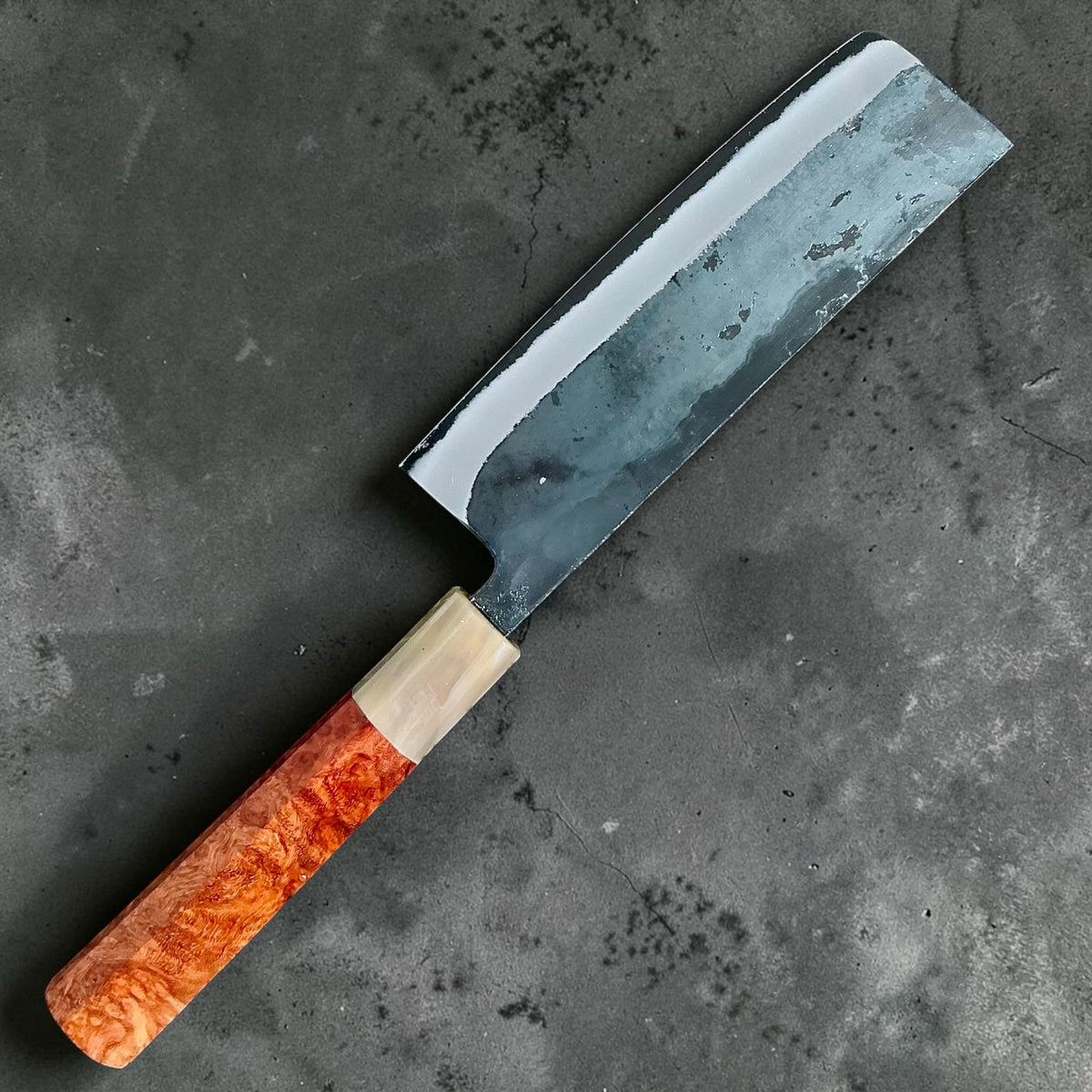 Tokushu Knife White No. 2 iron clad forged finish Nakiri 165 mm, amboyna & horn, reverse full knife #handle_amboyna & horn