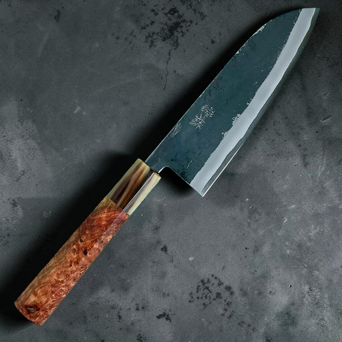 Tokushu Knife White No. 2 iron clad forged finish Santoku 165 mm, amboyna with contrast & horn, full knife #handle_amboyna with contrast & horn
