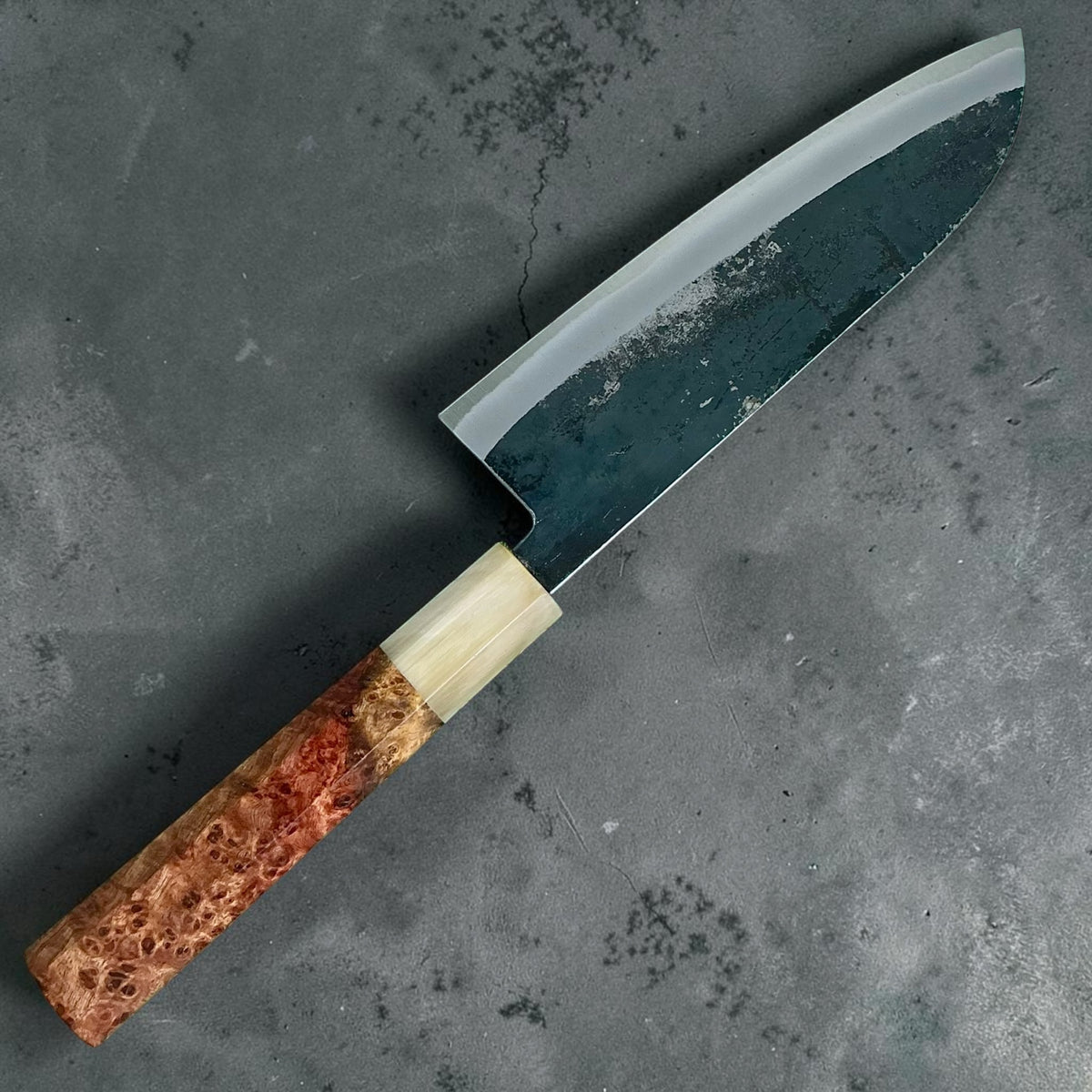 Tokushu Knife White No. 2 iron clad forged finish Santoku 165 mm, amboyna with contrast & horn, reverse full knife #handle_amboyna with contrast & horn