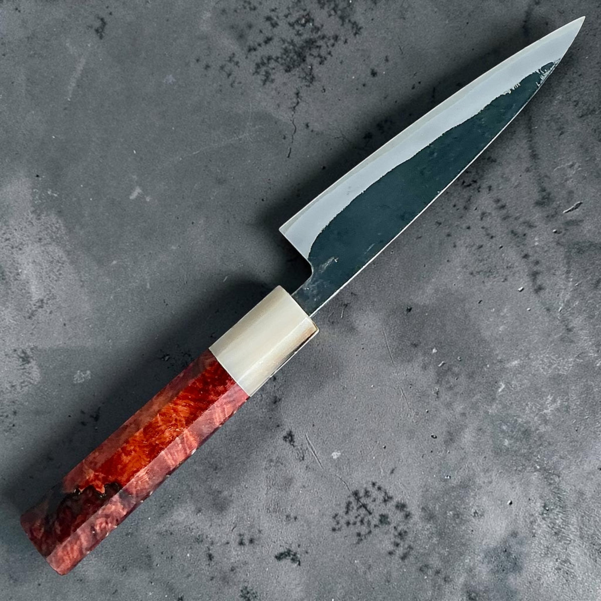 Tokushu Knife White No. 2 iron clad forged finish petty 135mm, palissandro e corno, coltello intero, retro #handle_rosewood & horn