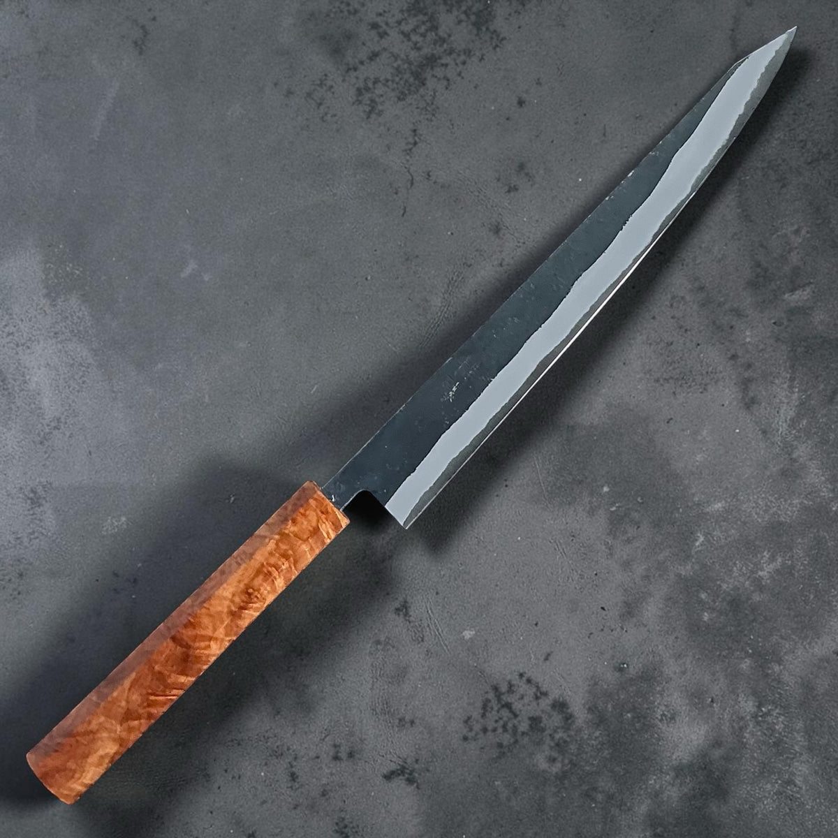 Tokushu Knife White No. 2 iron clad forged finish sujihiki 270mm, full amboyna, full knife front view #handle_full amboyna