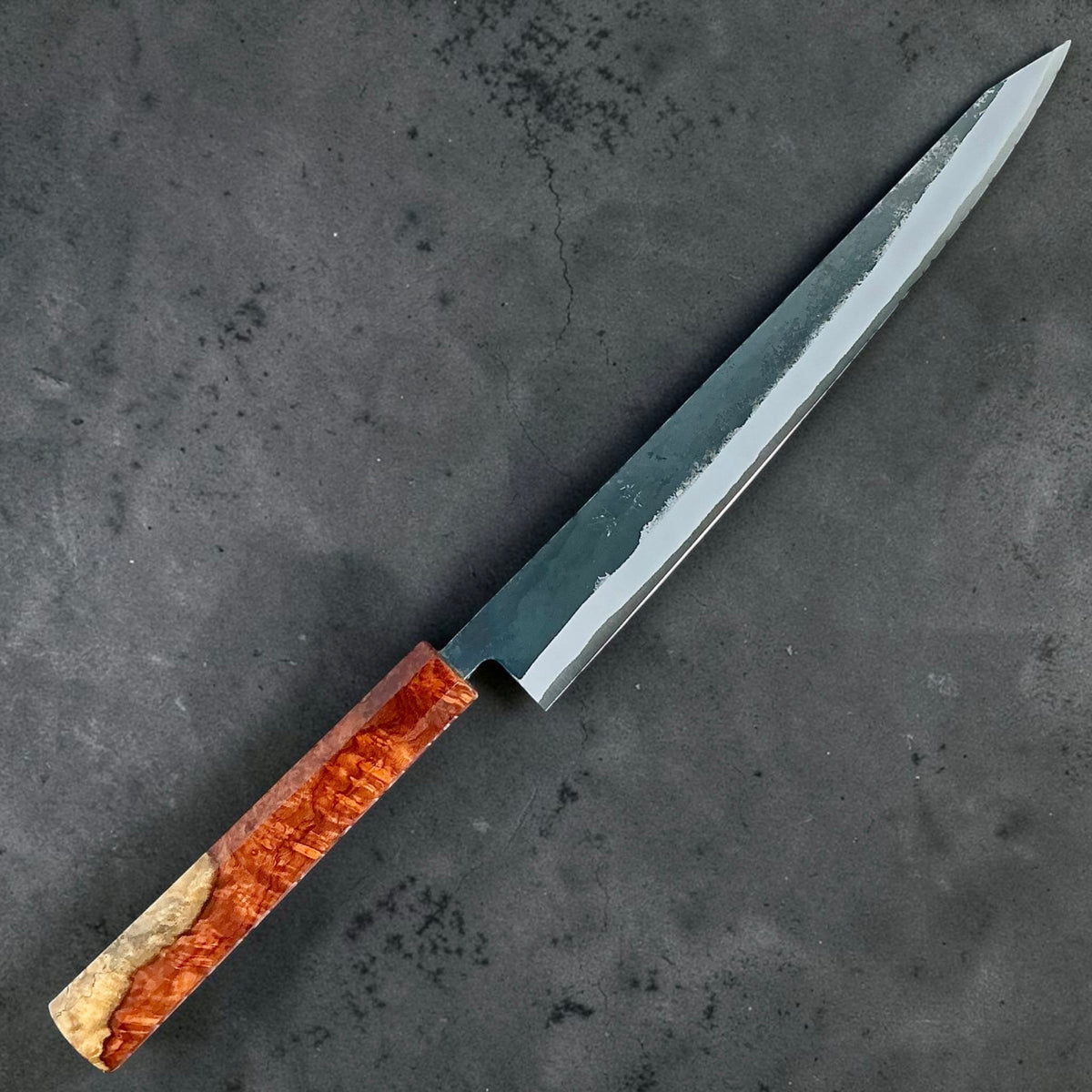 Tokushu Knife White No. 2 iron clad forged finish sujihiki 270mm, full amboyna with contrast, full knife front view #handle_full amboyna with contrast
