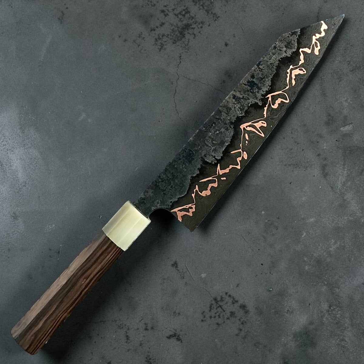 Tu Nguyen Cu-mai Mountains 52100 Kiritsuke-tip Gyuto 210 mm with dark rosewood handle, first side