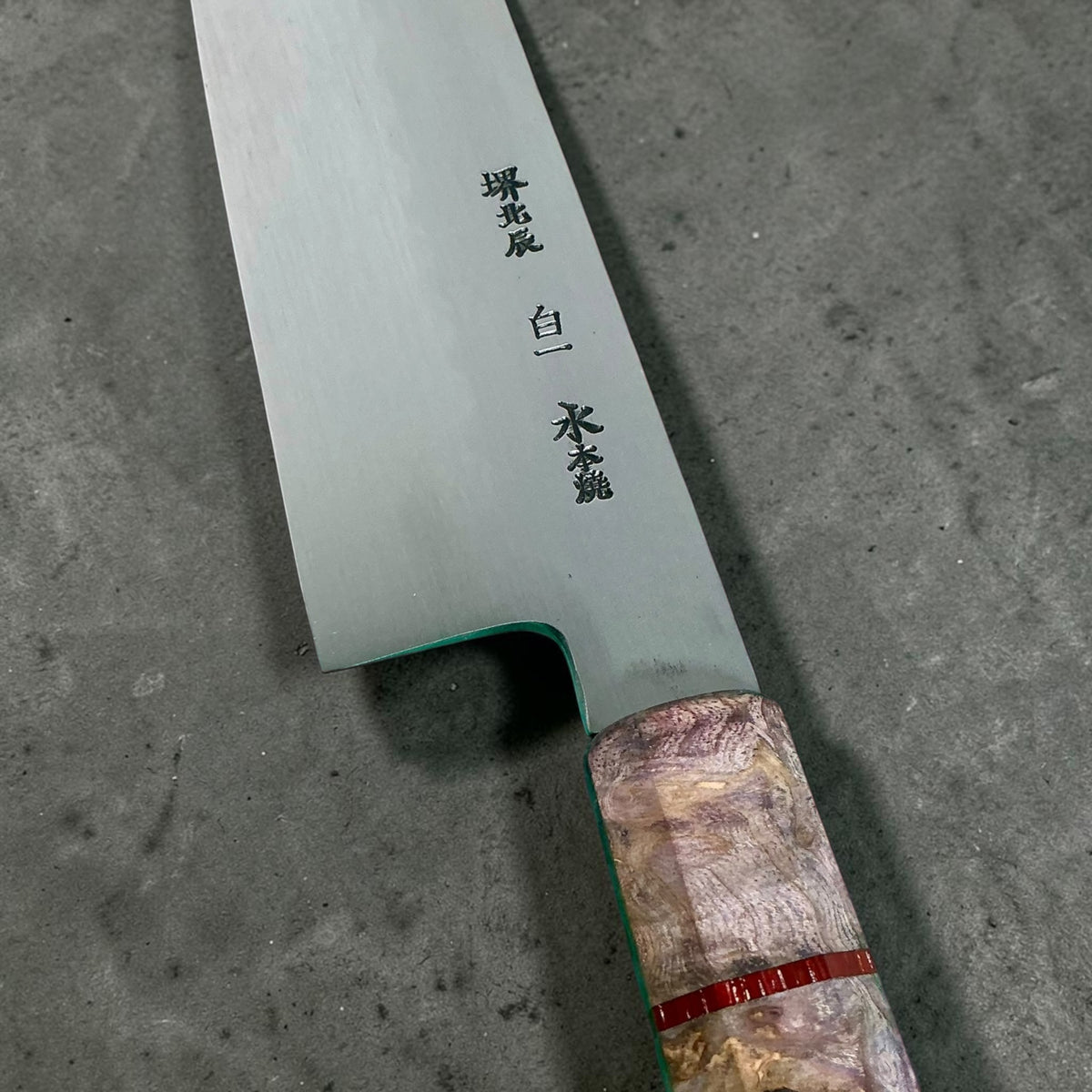 Yoshikazu Ikeda White No. 1 Mizu Honyaki Kiritsuke 220mm, blade engraving and handle detail #handle_prisma handle