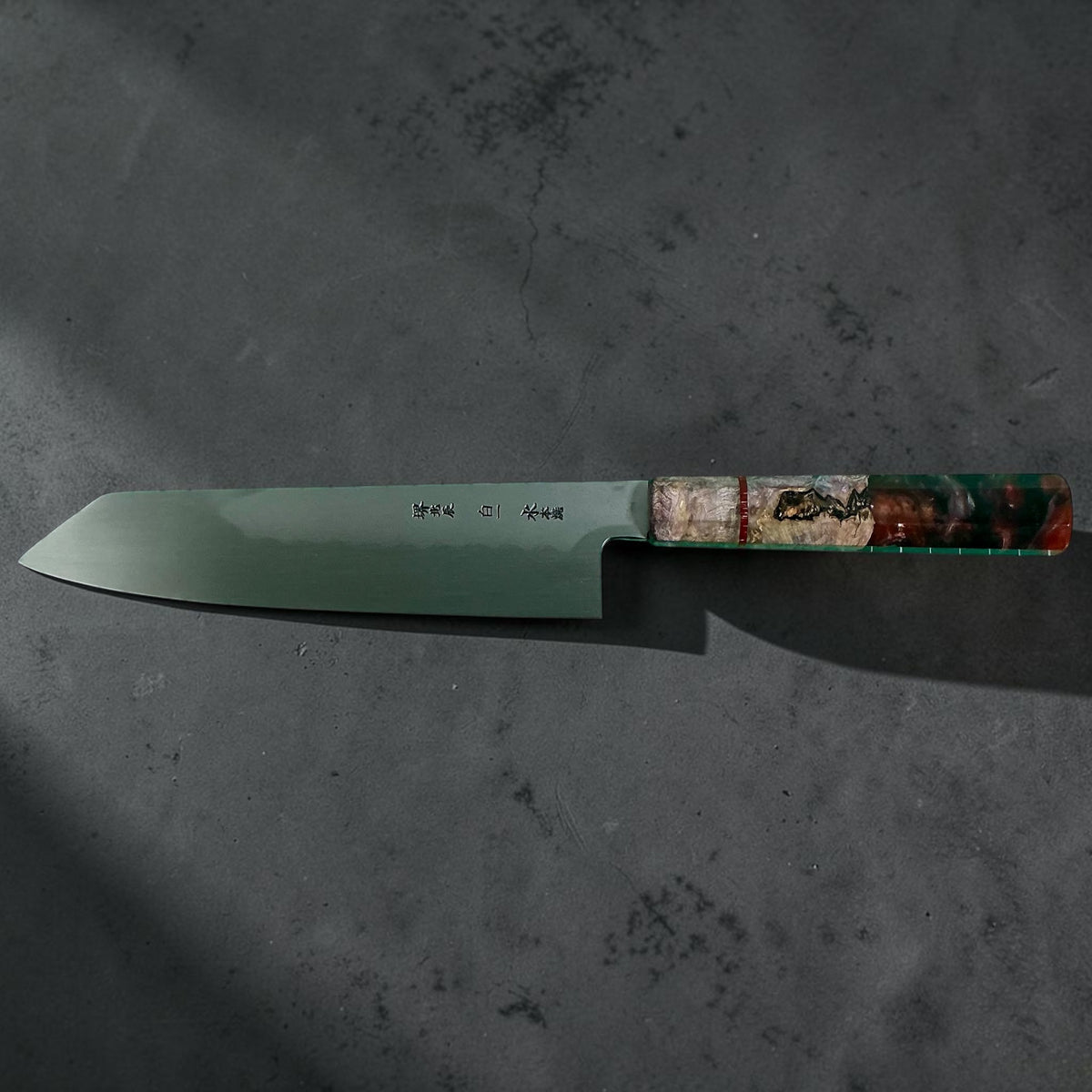 Yoshikazu Ikeda White No. 1 Mizu Honyaki Kiritsuke 220mm, full engraved-side profile #handle_prisma handle