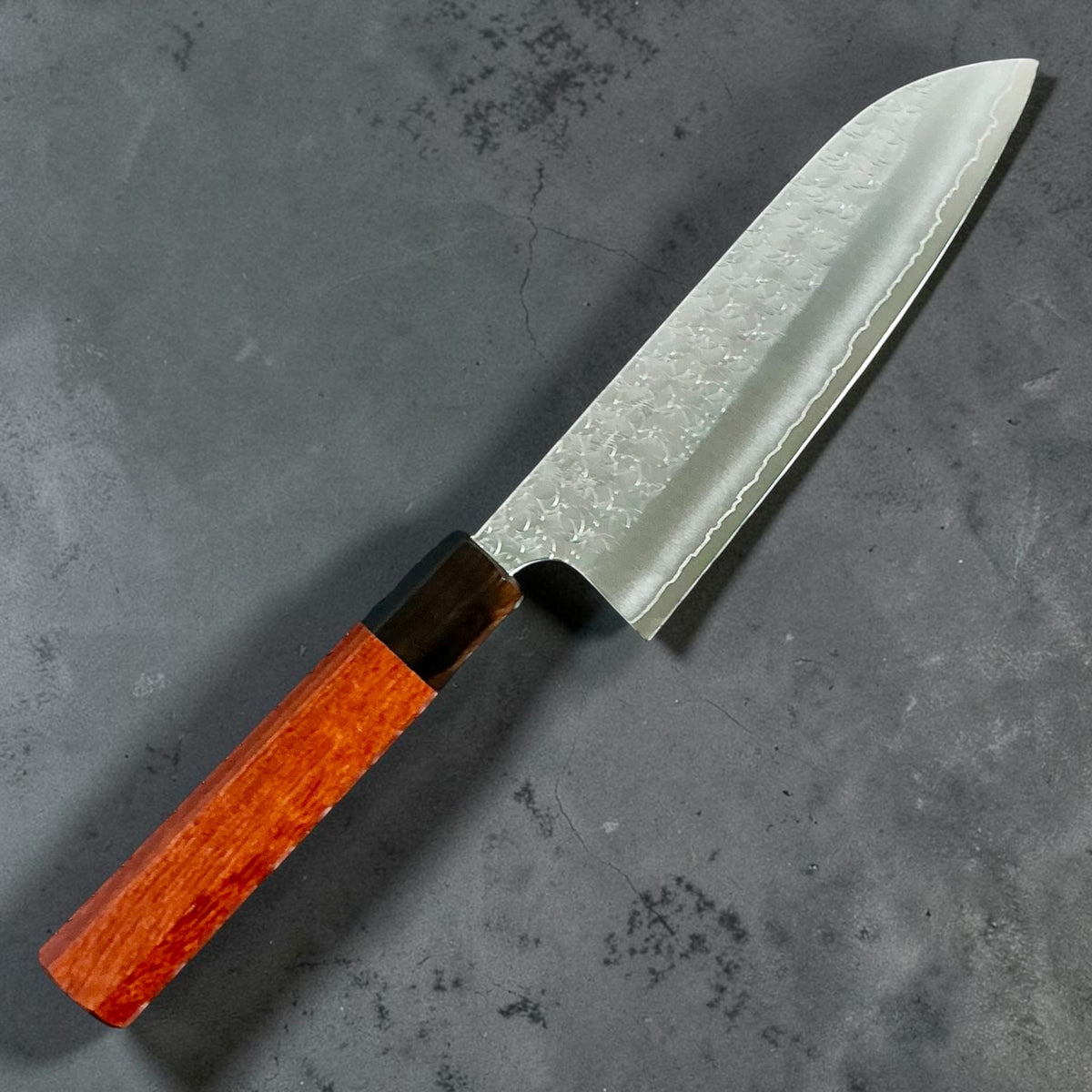 Yoshimi Kato SG2 Minamo Santoku 165 mm, Rosewood & Ebony, front view #handle_rosewood & ebony