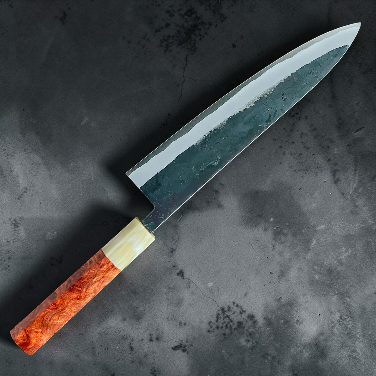 Tokushu Knife White No. 2 iron clad forged finish gyuto 210mm, rosewood & horn, reverse view #handle_rosewood & horn