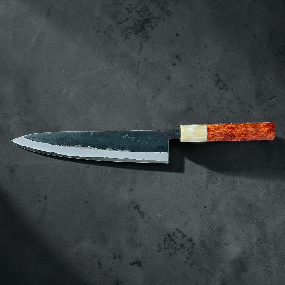 Tokushu Knife White No. 2 iron clad forged finish gyuto 210mm, rosewood & horn, full profile #handle_rosewood & horn