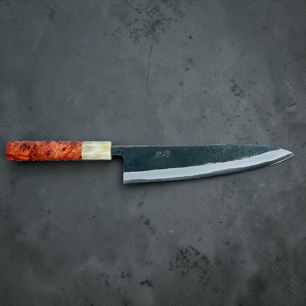 Tokushu Knife White No. 2 iron clad forged finish gyuto 210mm, rosewood & horn, opposite profile #handle_rosewood & horn