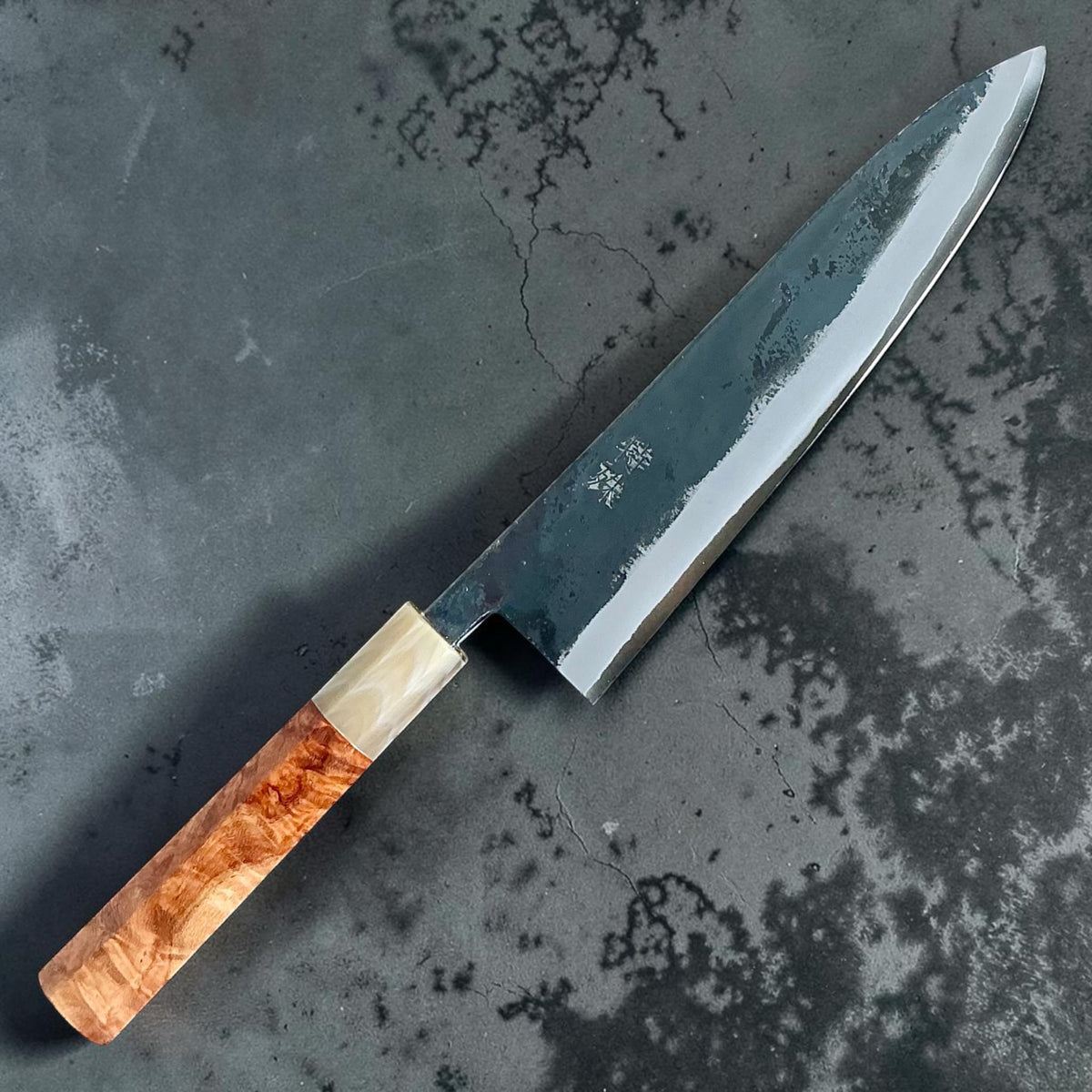 Tokushu Knife White No. 2 iron clad forged finish gyuto 210mm, amboyna & horn, front view #handle_amboyna & horn