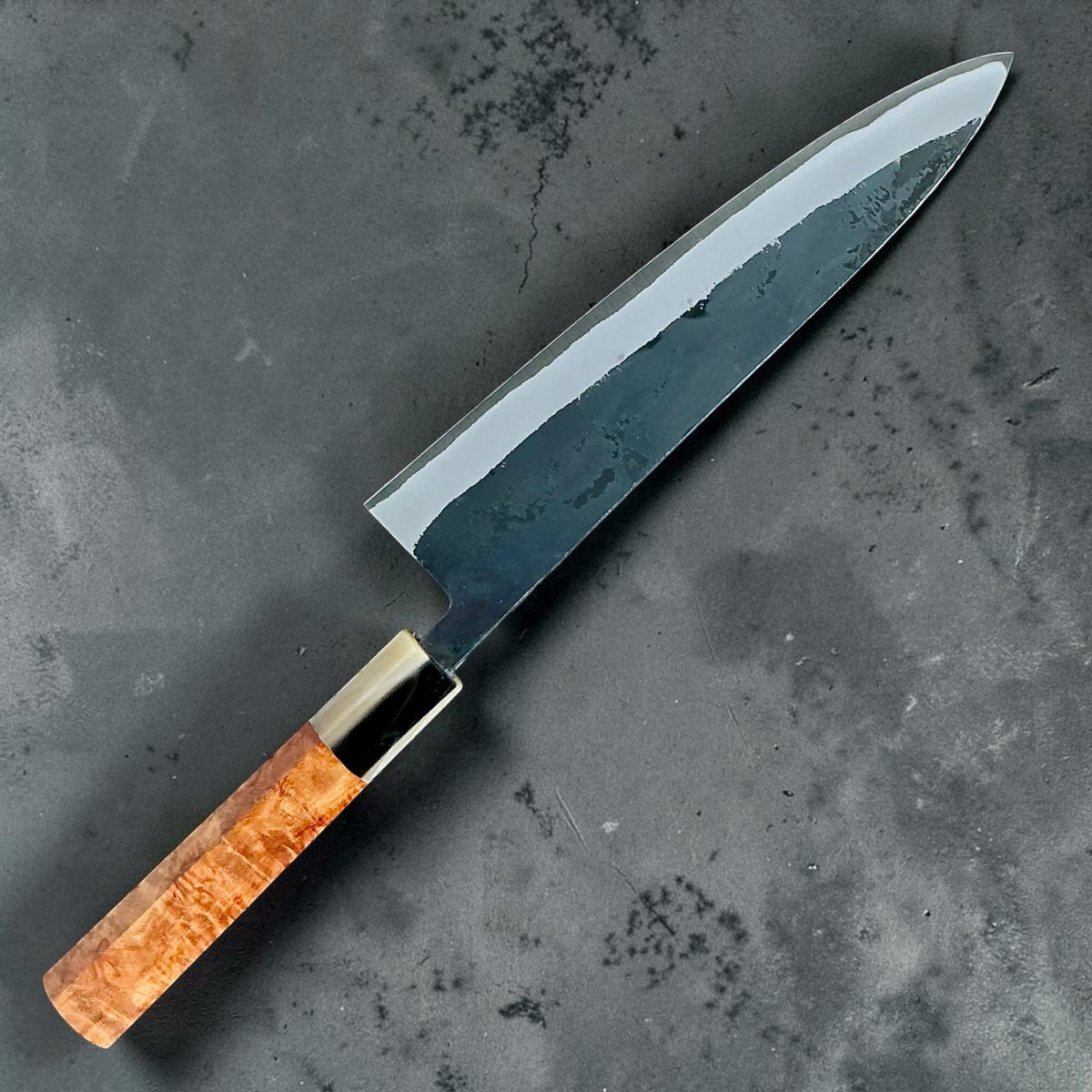 Tokushu Knife White No. 2 iron clad forged finish gyuto 210mm, amboyna & horn, reverse view #handle_amboyna & horn