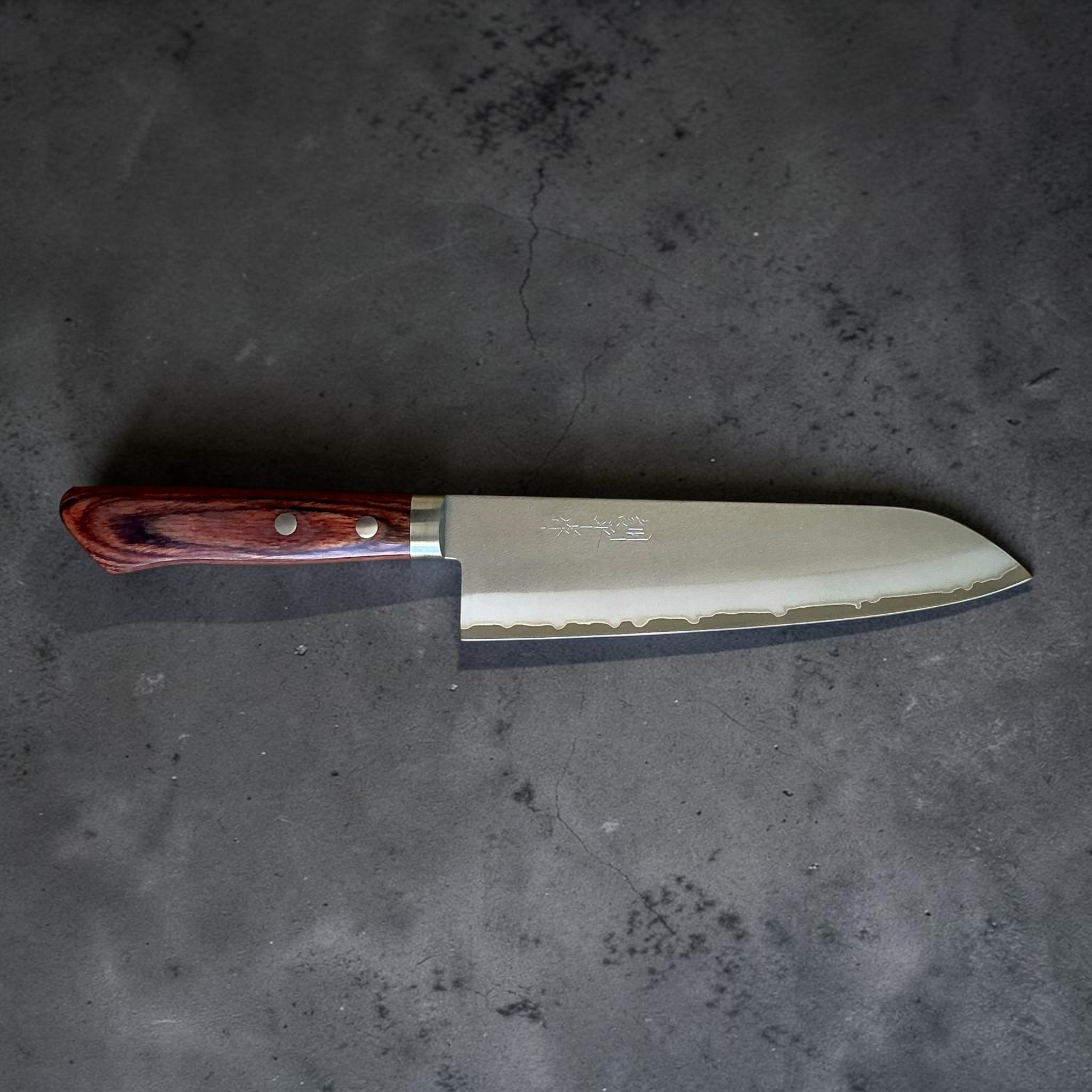Masutani VG-1 Nashiji Gyuto 180mm with brown Western handle, full left-side view