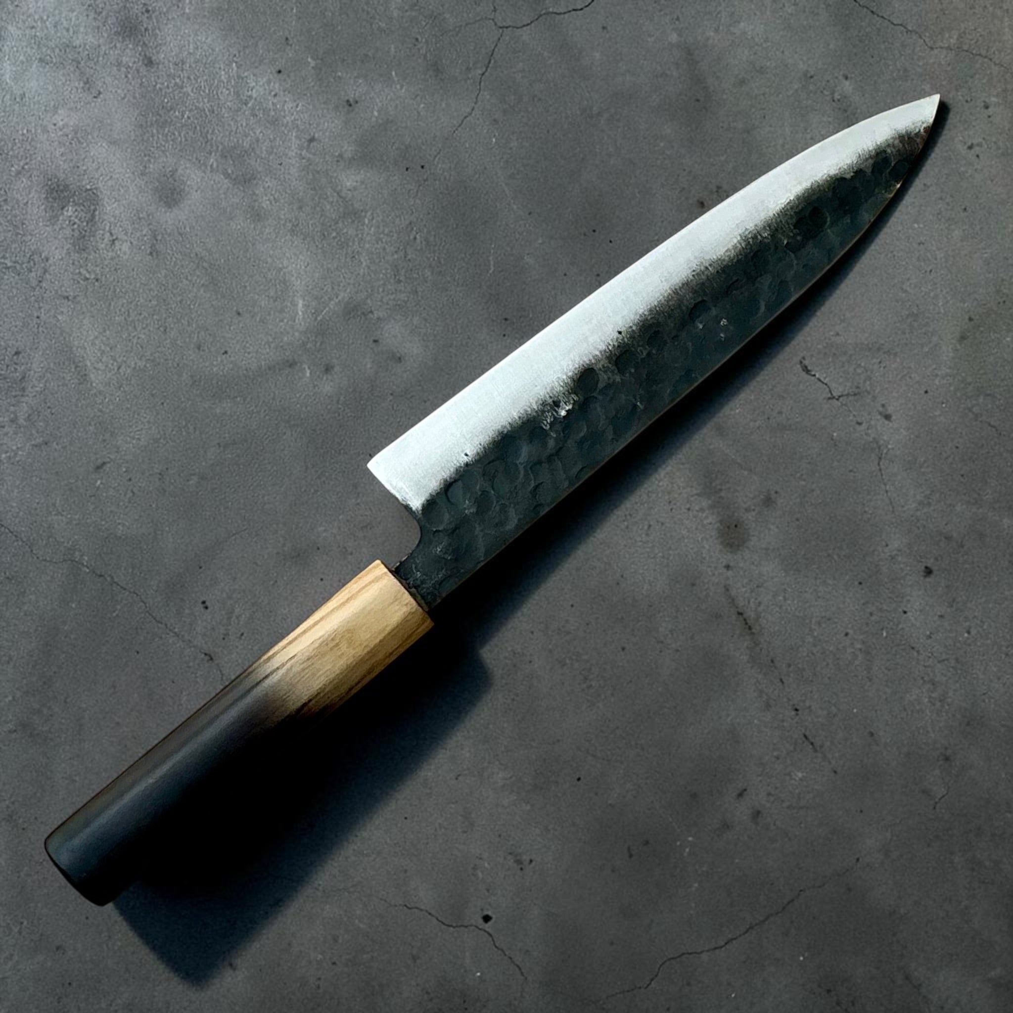 Dao Vua V3 52100 Kuro Tsuchime Gyuto blade and burnt wood handle