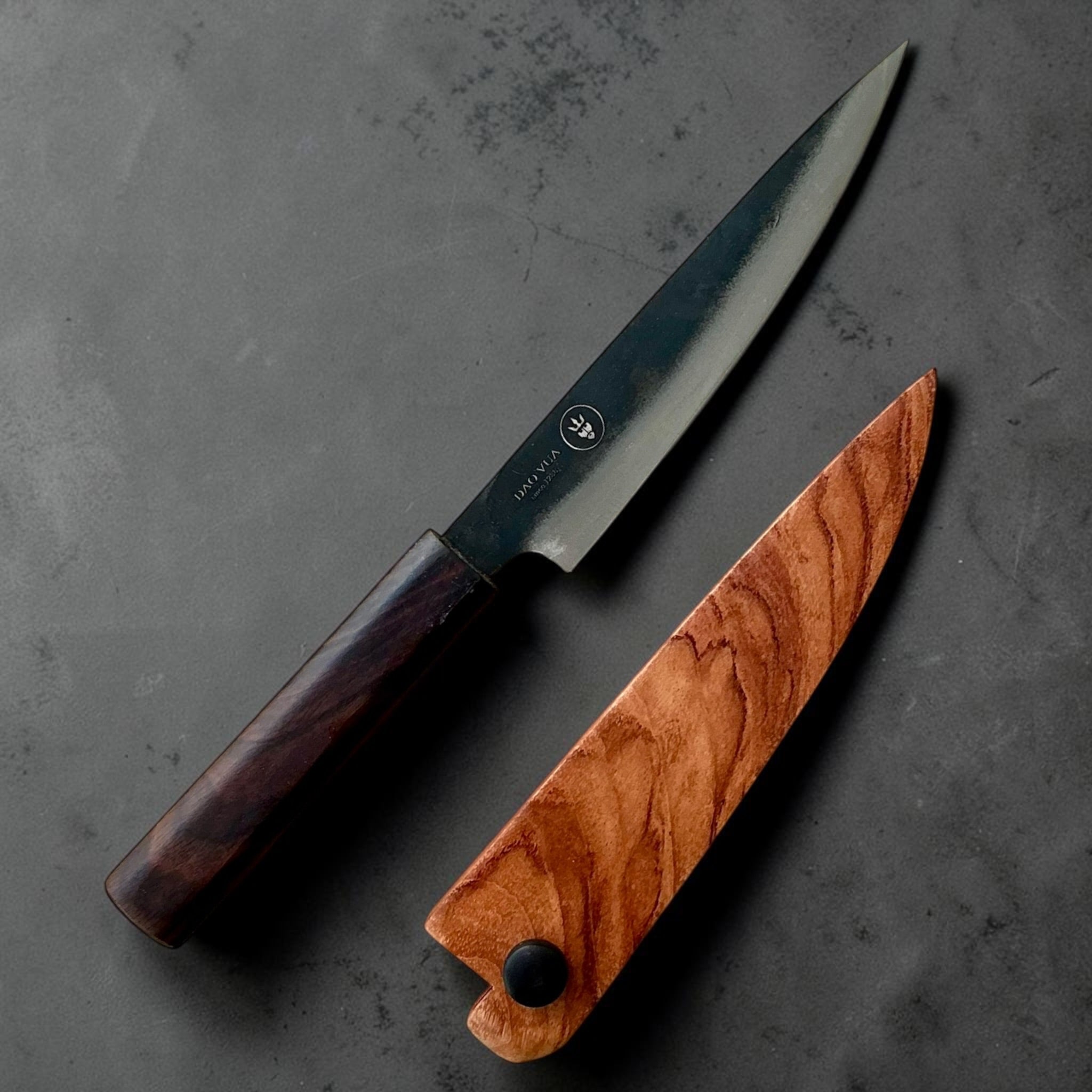Dao Vua V3 52100 Kuro Tsuchime Petty with mono ebony handle and fitted wooden saya