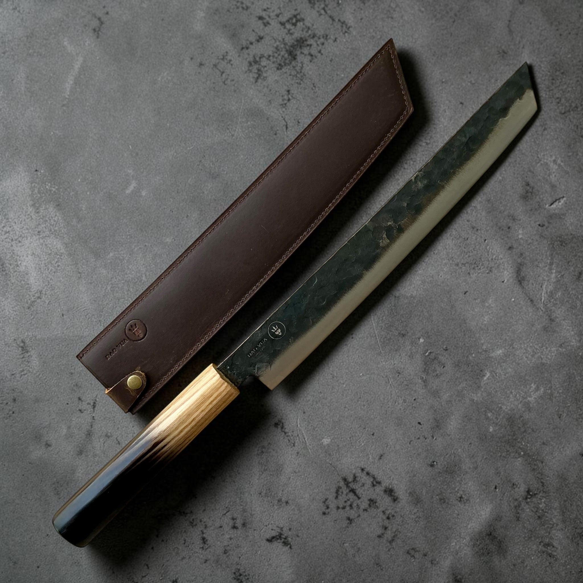 Dao Vua V3 52100 Kuro Tsuchime Sujihiki 270mm with burnt wood handle and leather sheath
