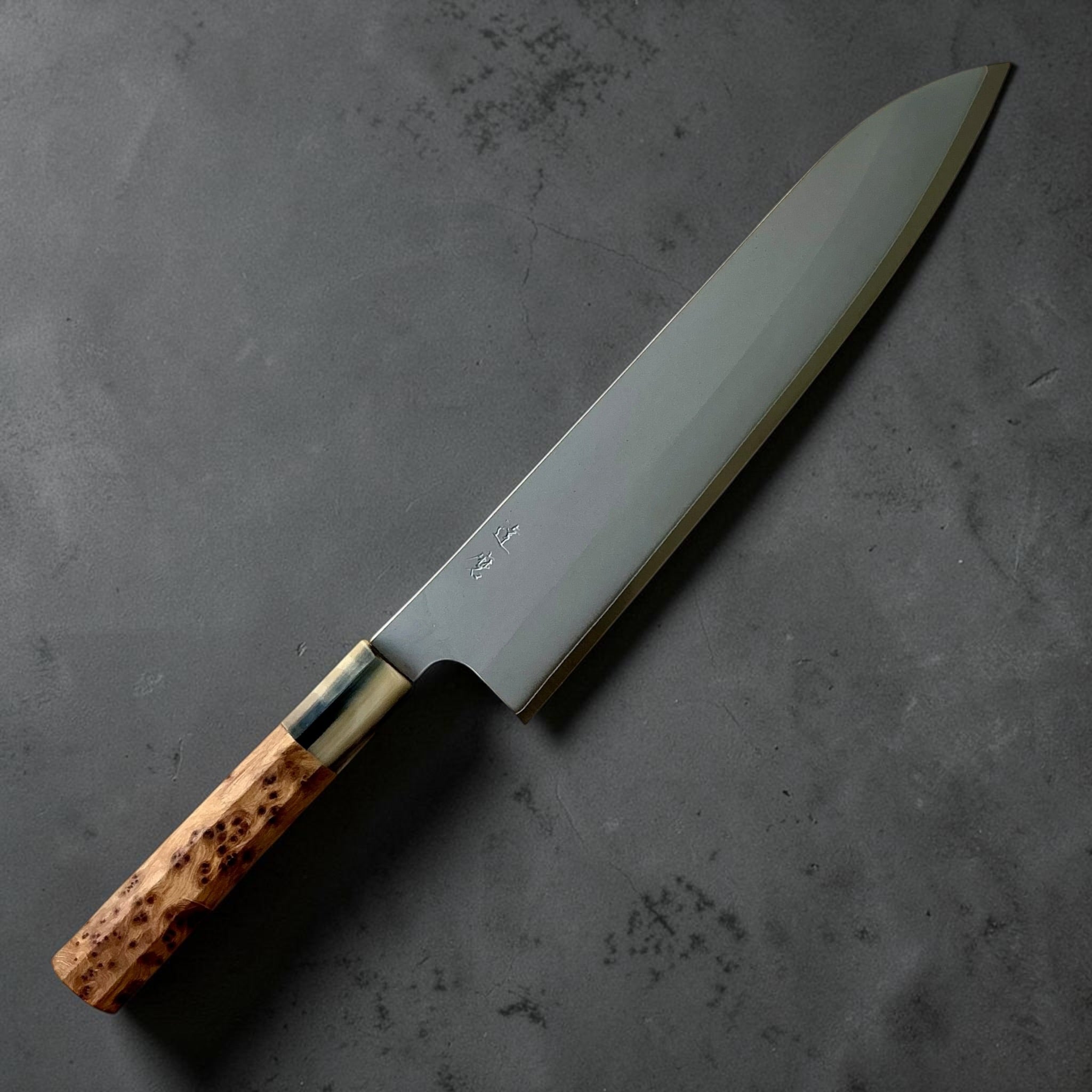 Daruma Hamono Ginsan #3 Migaki Gyuto 240mm with Amboyna Burl and Horn handle.