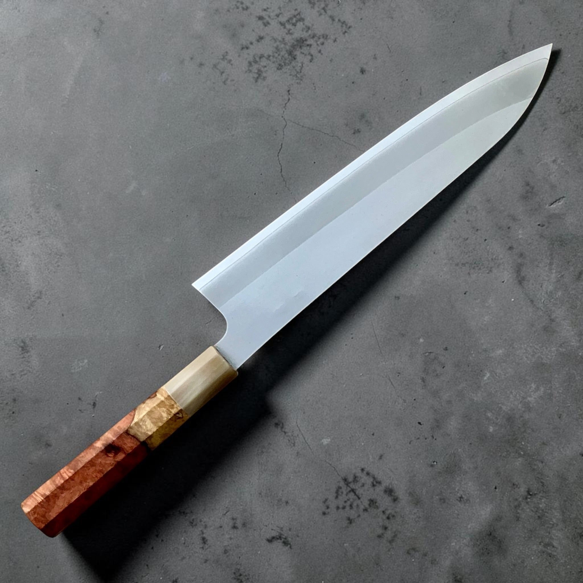 Reverse blade view of Daruma Hamono Ginsan #3 Migaki Gyuto 240mm with Cypress and Horn handle.
