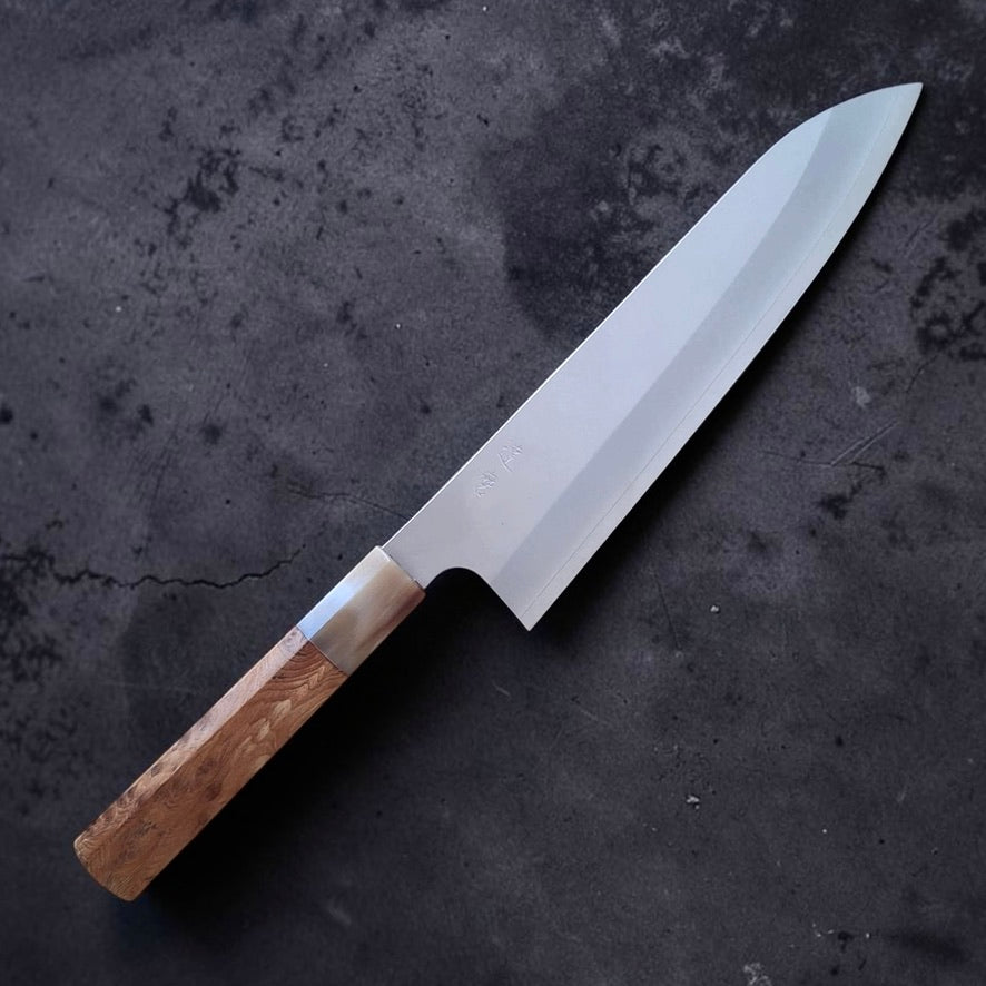 Daruma Hamono Ginsan #3 Migaki Gyuto 210 mm, angled full-knife view showing the polished blade and horn ferrule.