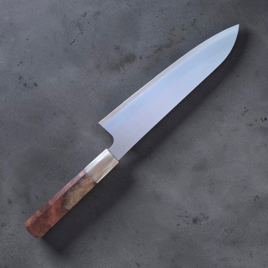 Daruma Hamono Ginsan #3 Migaki Gyuto 210 mm, diagonal product photo showing the blade face and fitted wa-handle.