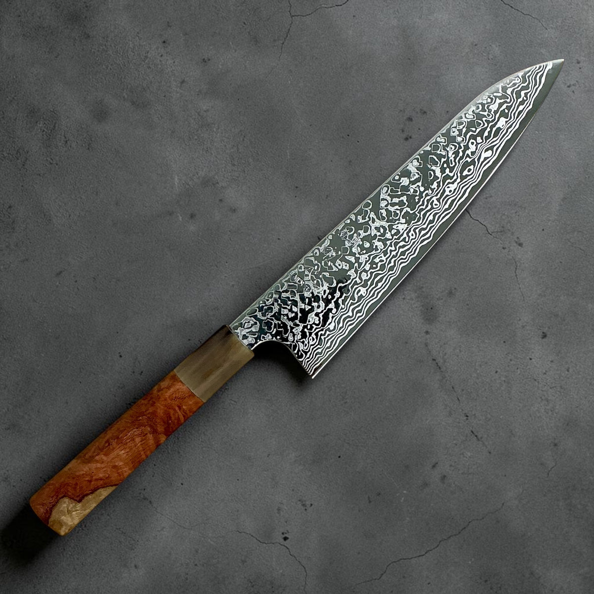 Hatsukokoro Ginga ATS-34 nickel Damascus gyuto 210 mm with amboyna wood and buffalo horn handle