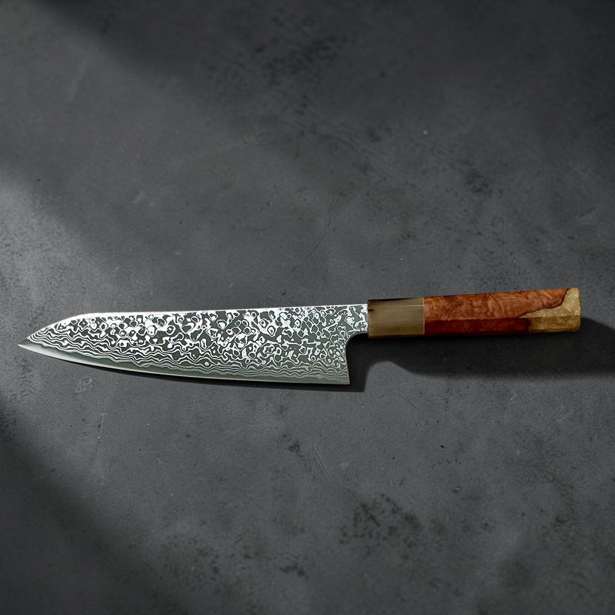 Hatsukokoro Ginga ATS-34 nickel Damascus gyuto 210 mm — amboyna and buffalo horn handle, reverse view