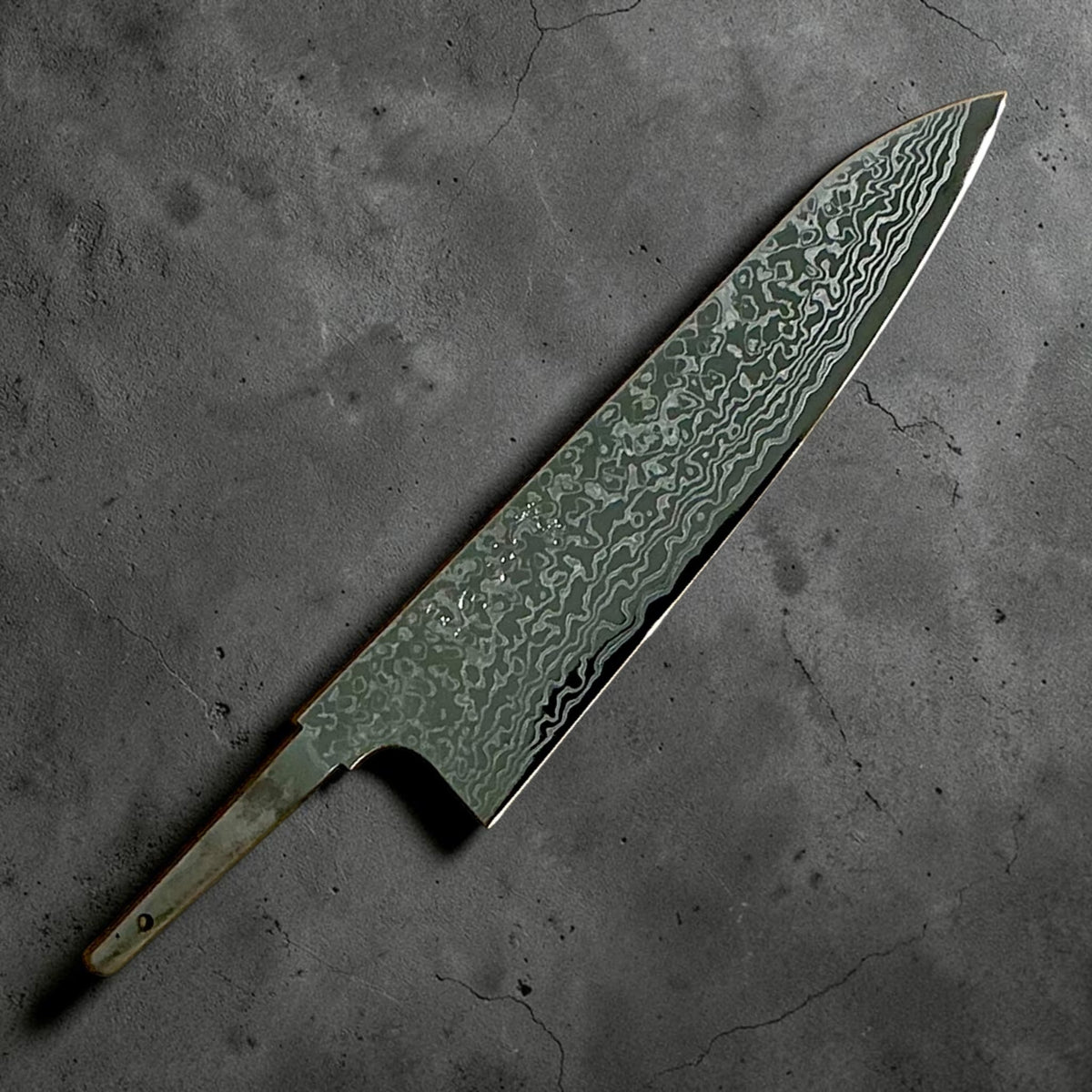 Hatsukokoro Ginga ATS-34 nickel Damascus gyuto 210 mm — blade only, front view