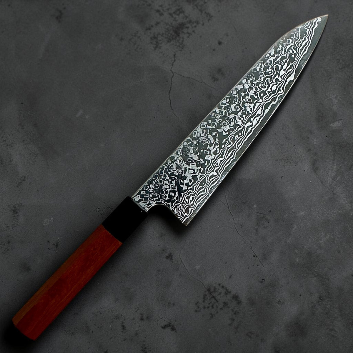 Hatsukokoro Ginga ATS-34 nickel Damascus gyuto 210 mm — rosewood and ebony handle, front view