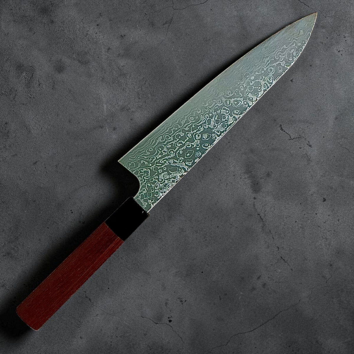 Hatsukokoro Ginga ATS-34 nickel Damascus gyuto 210 mm — rosewood and ebony handle, reverse view