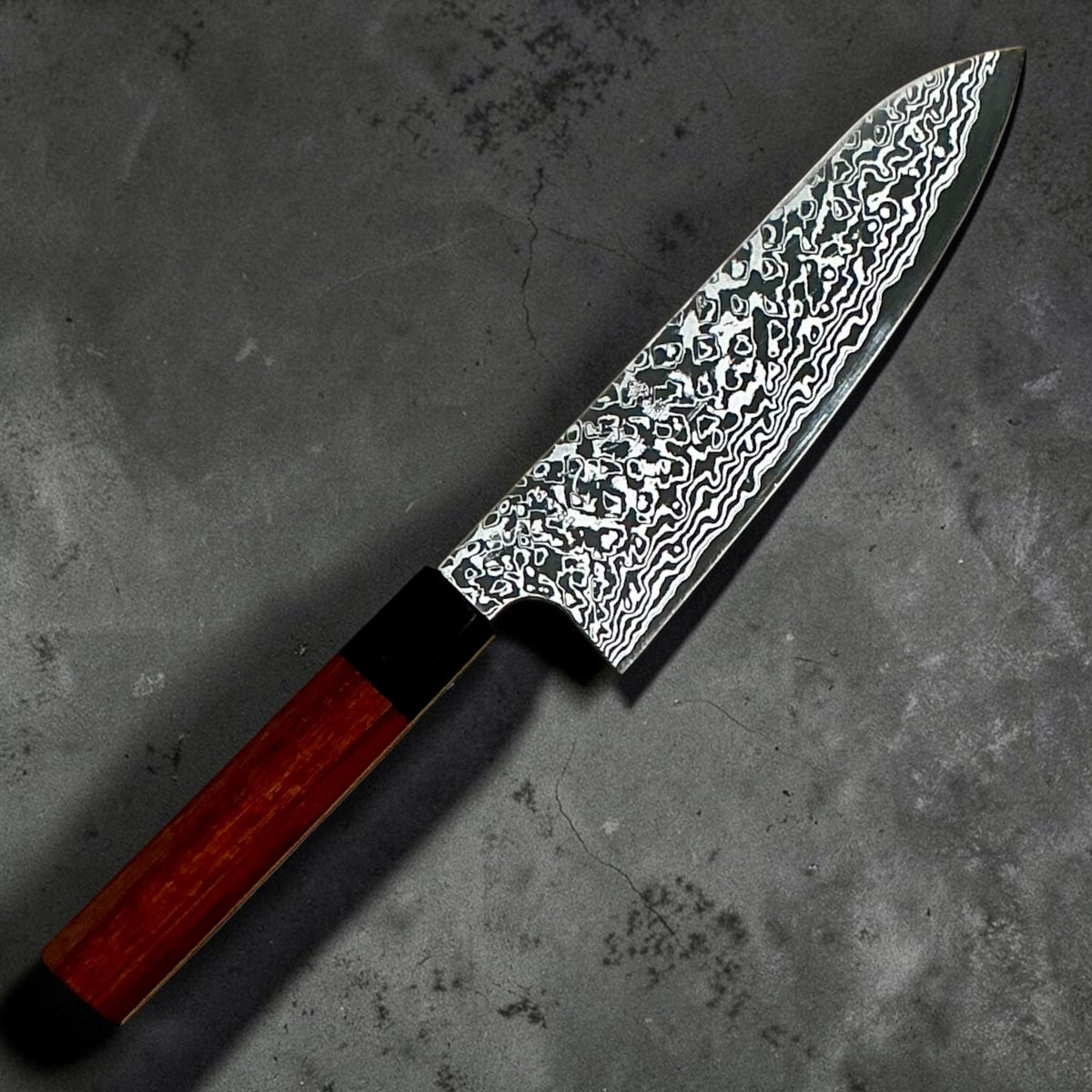 Hatsukokoro Ginga ATS-34 nickel Damascus santoku 180mm — rosewood and ebony handle, front view