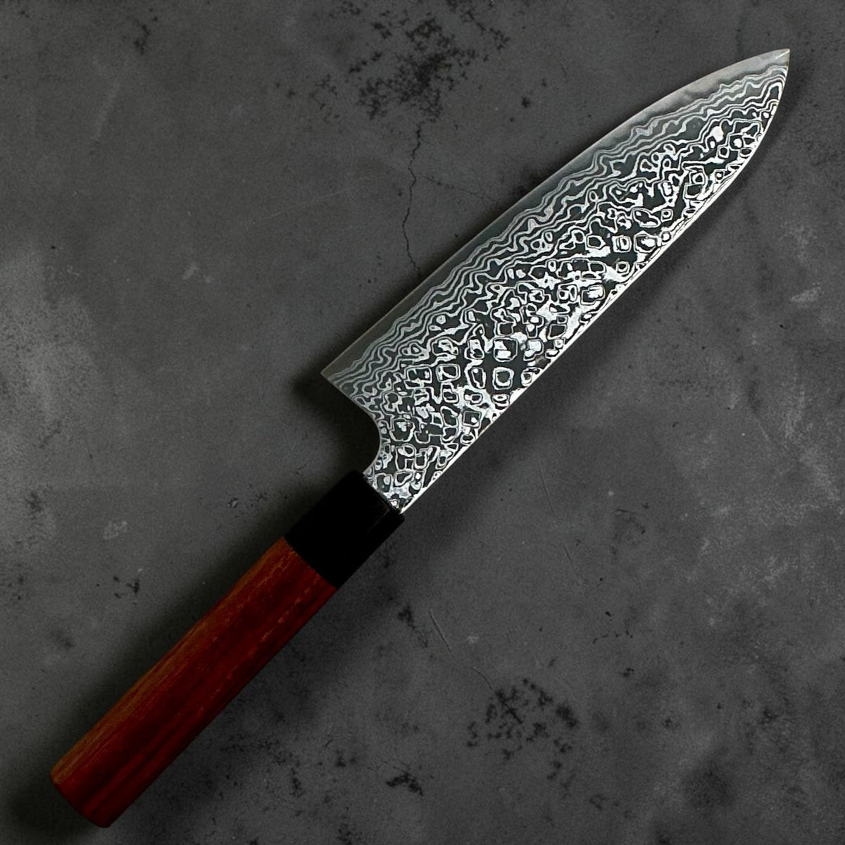 Hatsukokoro Ginga ATS-34 nickel Damascus santoku 180mm — rosewood and ebony handle, reverse view