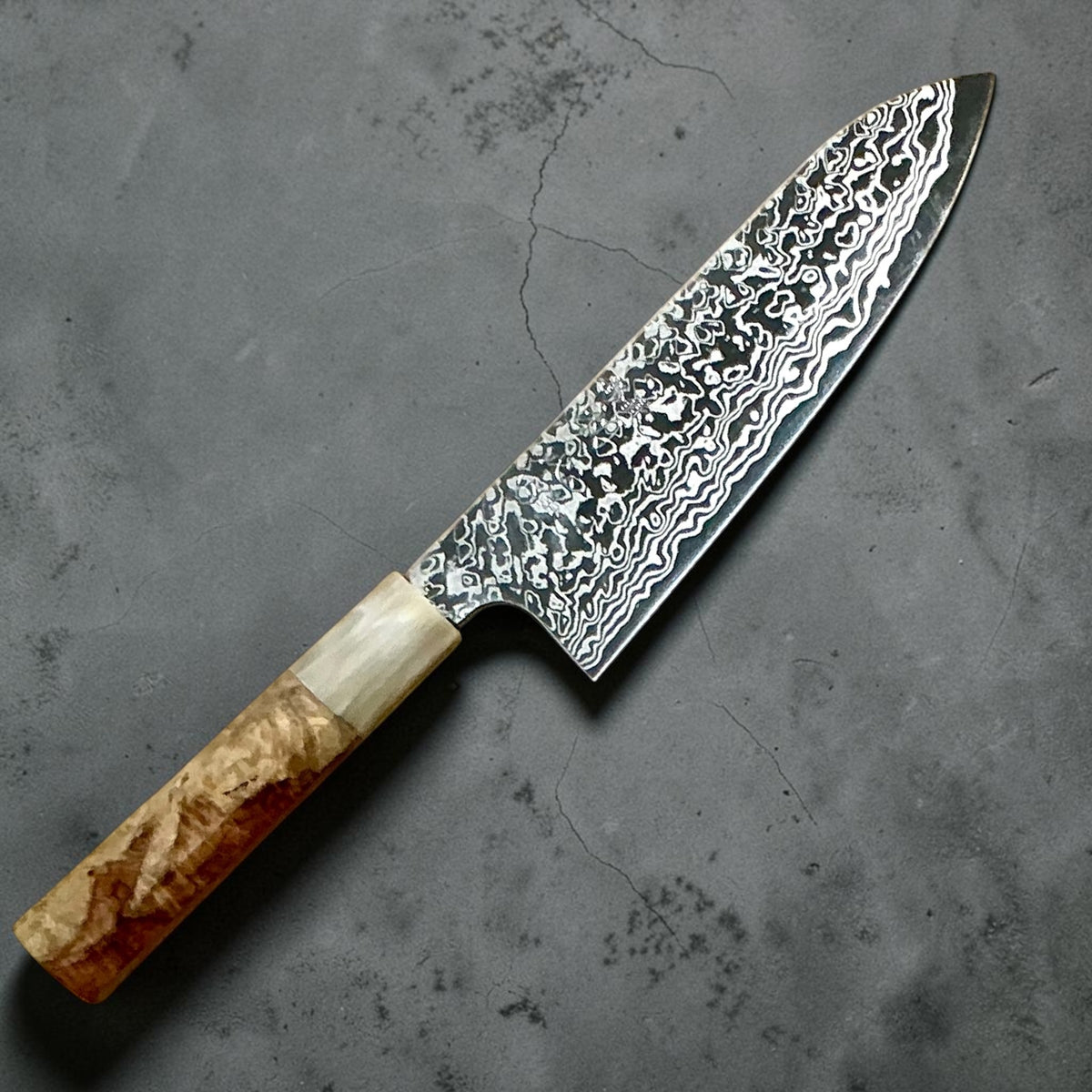 Hatsukokoro Ginga ATS-34 nickel Damascus santoku 180mm with Amboyna and buffalo horn handle