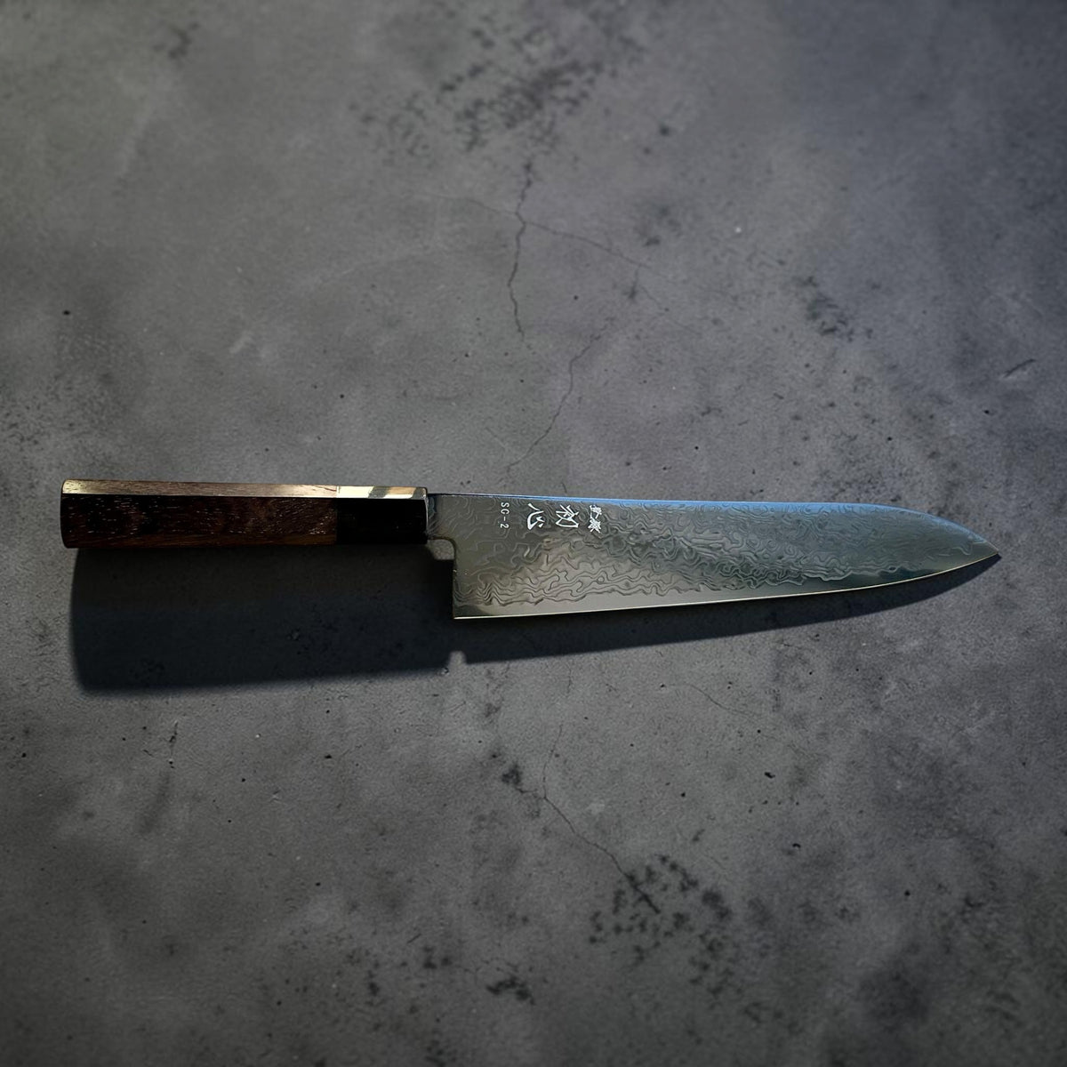 Hatsukokoro Ryuhyo SG2 Black Damascus Gyuto 210mm with walnut handle, full logo-side profile