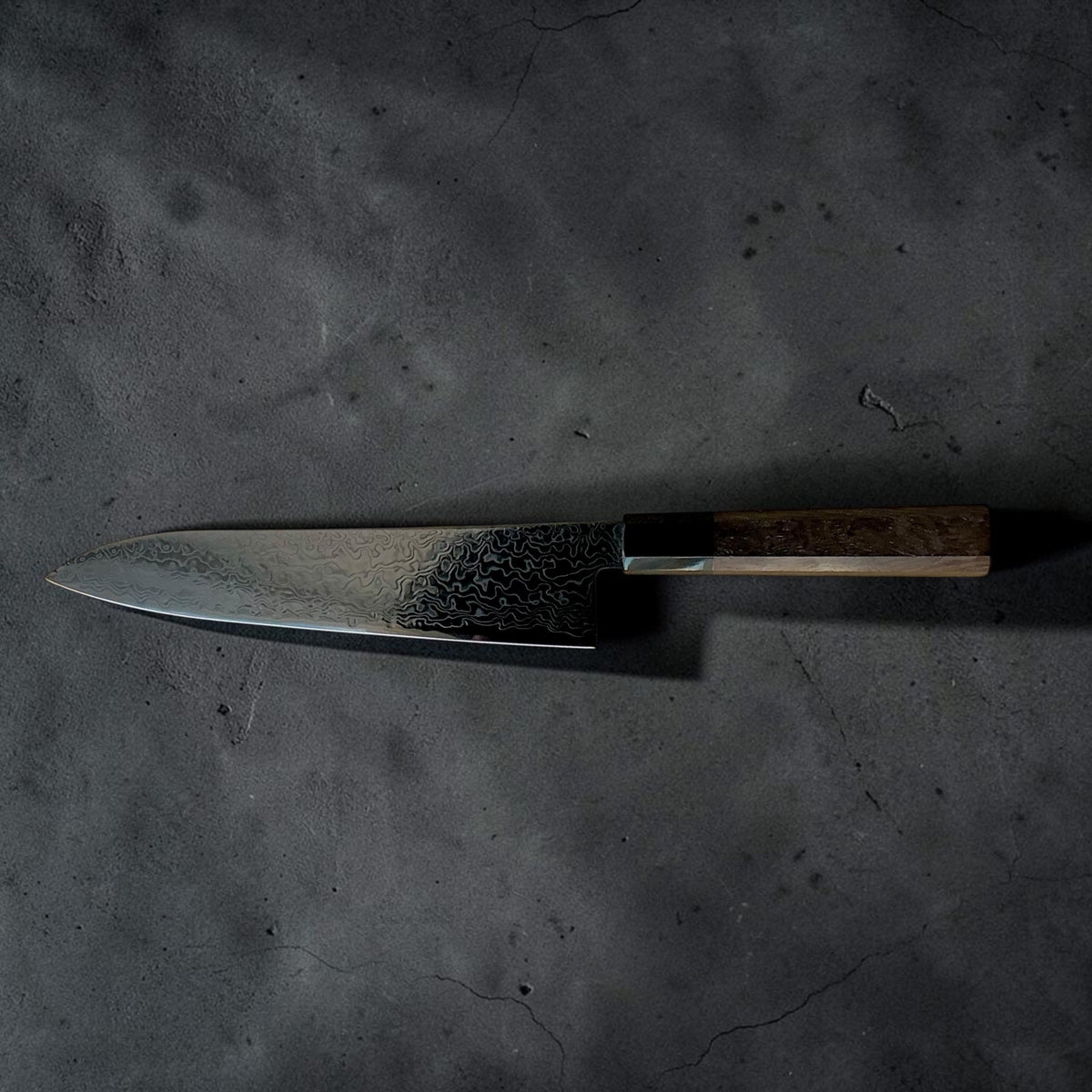 Hatsukokoro Ryuhyo SG2 Black Damascus Gyuto 210mm with walnut handle, reverse full side profile