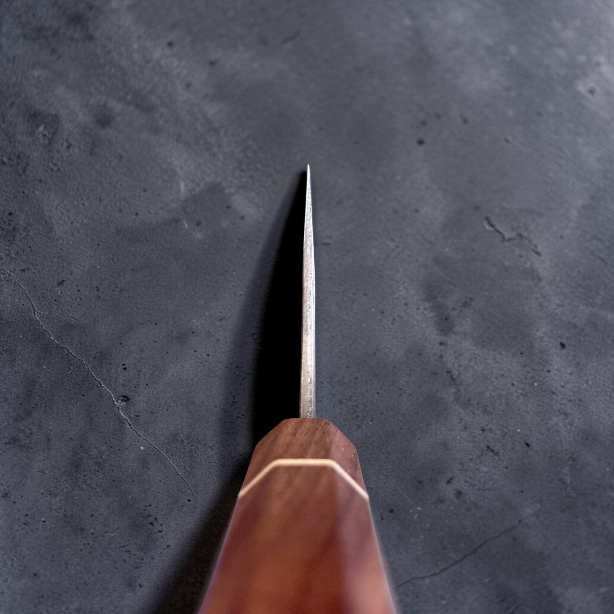 Imai AS Kurouchi USA Gyuto 220 mm with Sanjo walnut handle, choil view showing blade geometry and Sanjo walnut handle.