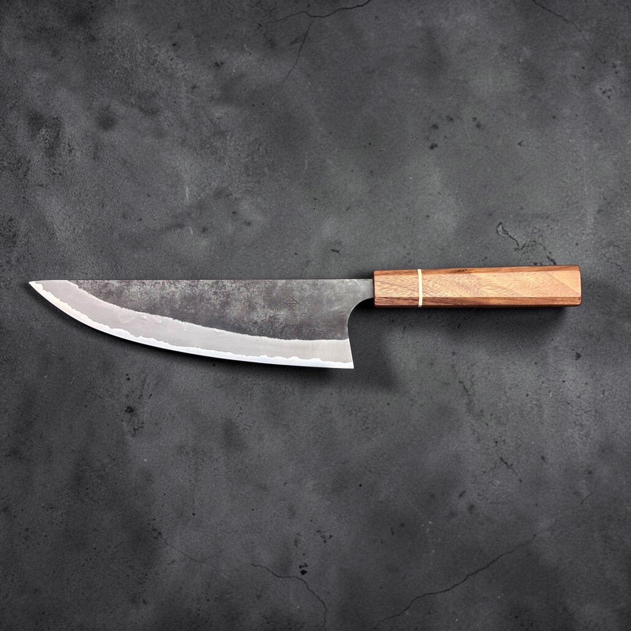 Imai AS Kurouchi USA Gyuto 220 mm with Sanjo walnut handle, reverse side profile showing curved gyuto tip and walnut handle.
