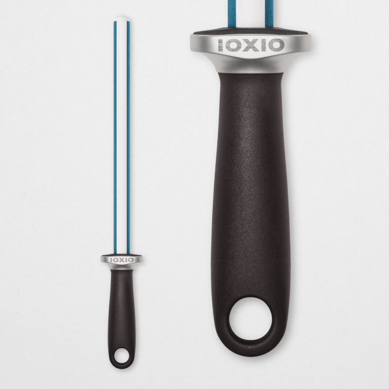 IOXIO Duo Oval ceramic sharpening rod with blue and white abrasive faces and black handle
