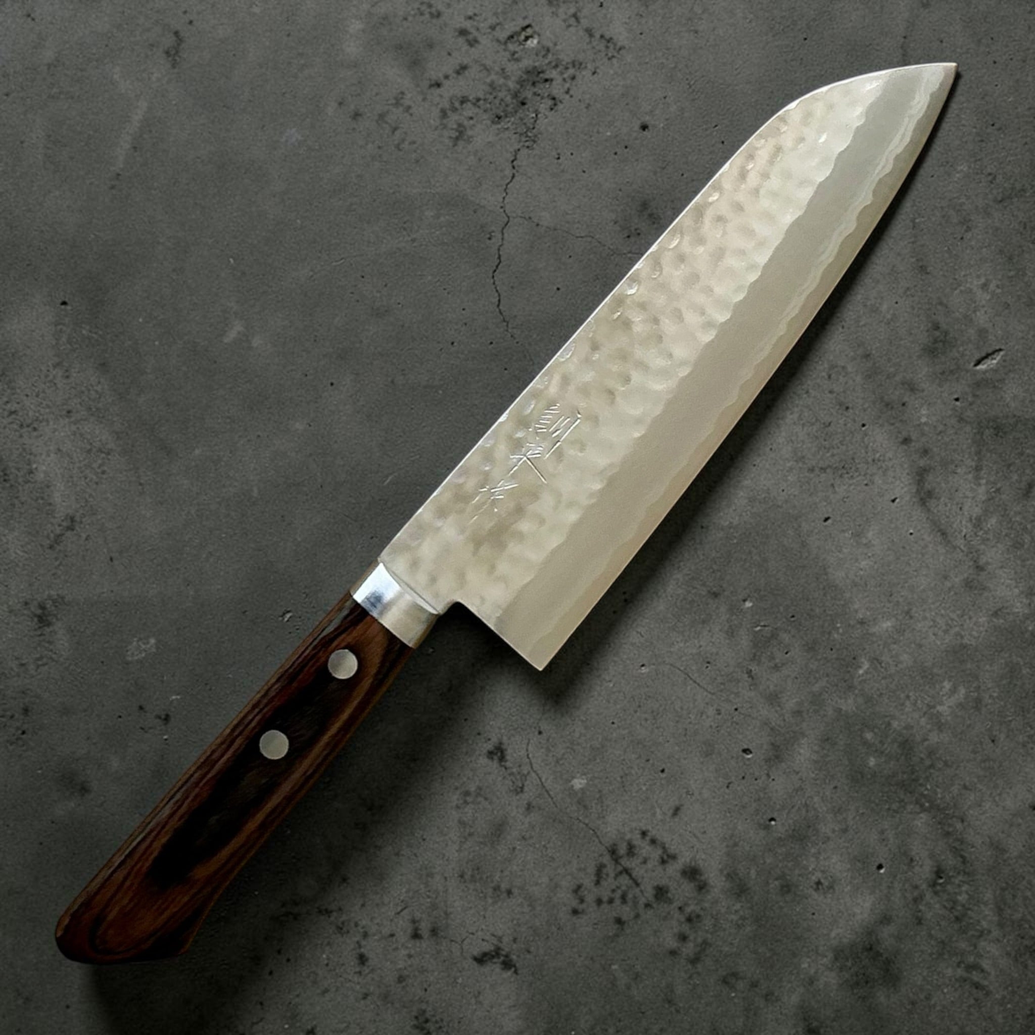 Masutani Kokuryu VG10 Damascus Tsuchime Santoku 170mm – angled blade view