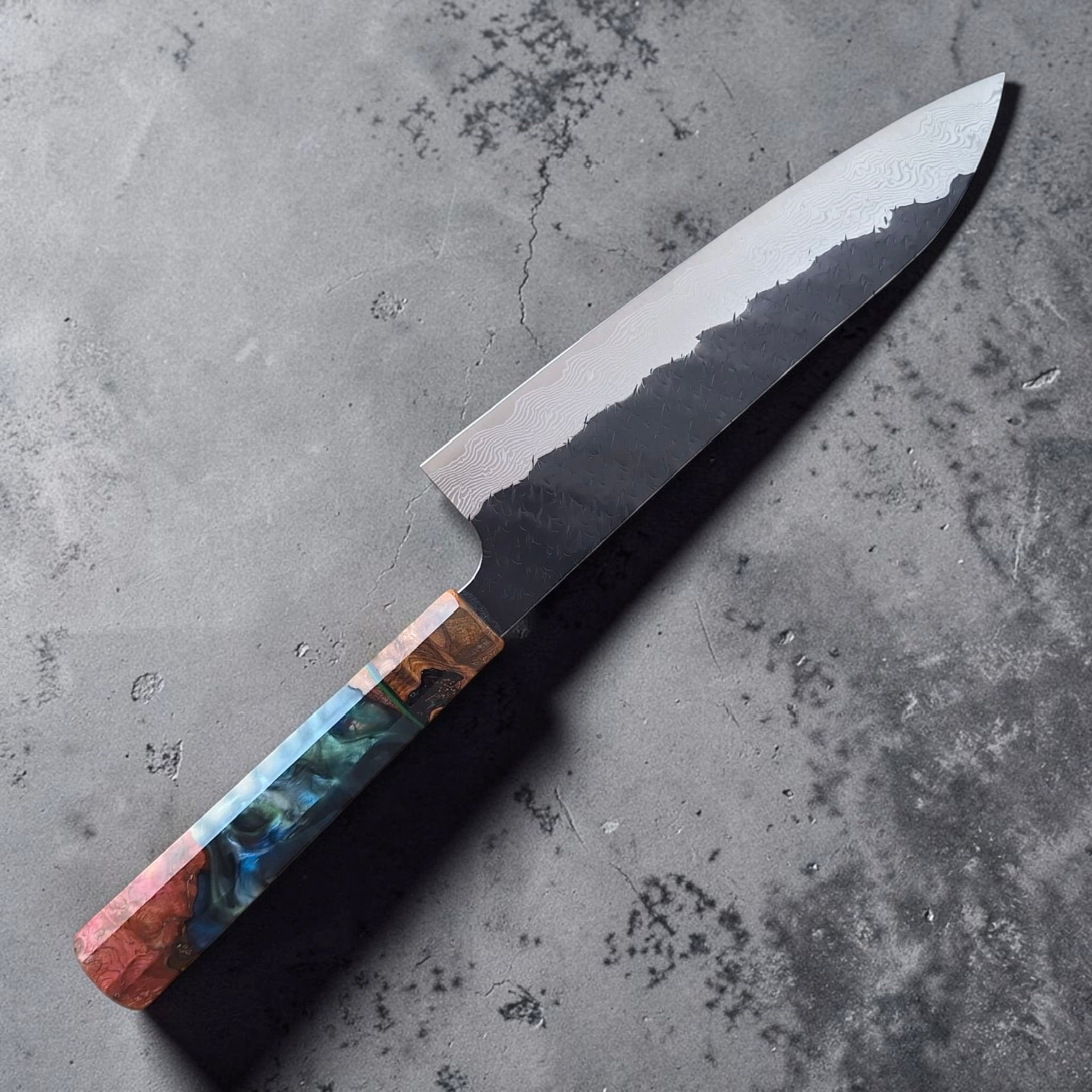 Nigara SG-STRIX Kurouchi Damascus Gyuto 210mm with Prisma Knife custom handle, hero view