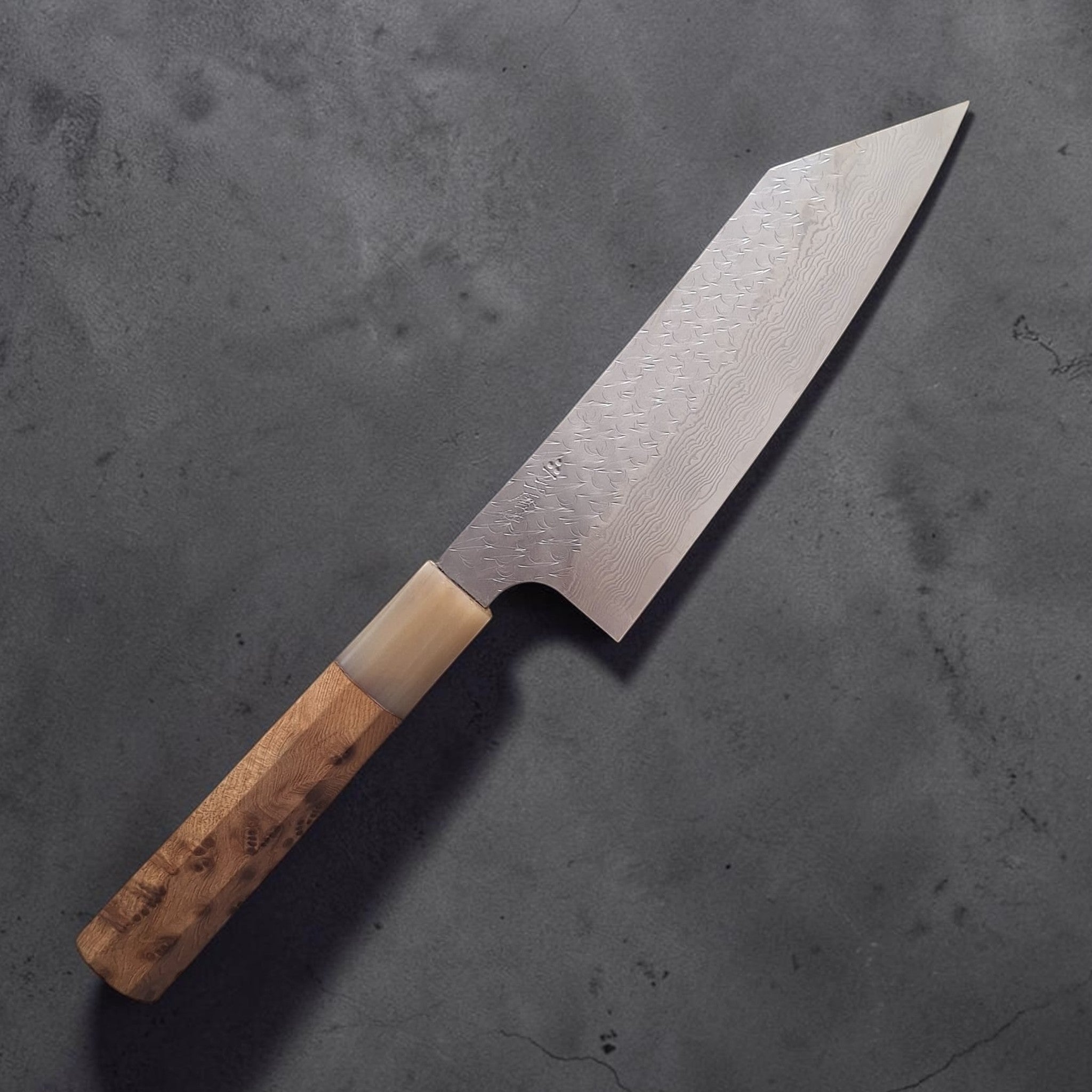 Nigara SG STRIX Tsuchime Damascus Bunka with cypress handle.Hero shot showing kanji.