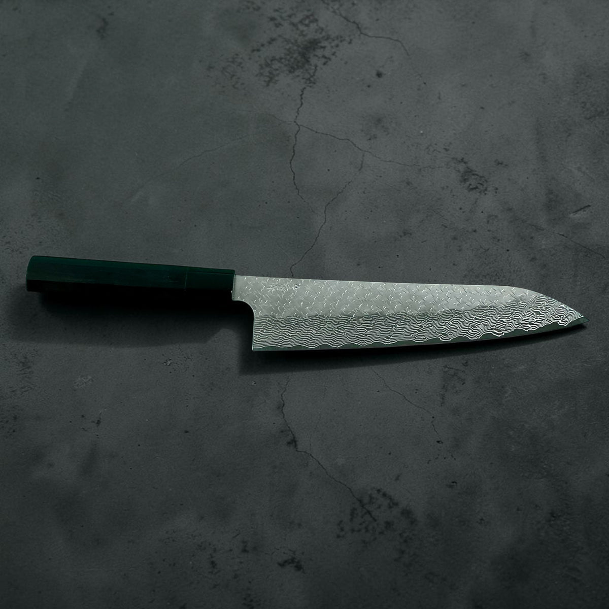 Nigara STRIX Tsuchime Damascus Gyuto 240mm met handvat van massief ebbenhout en hoorn, volledig lemmetprofiel