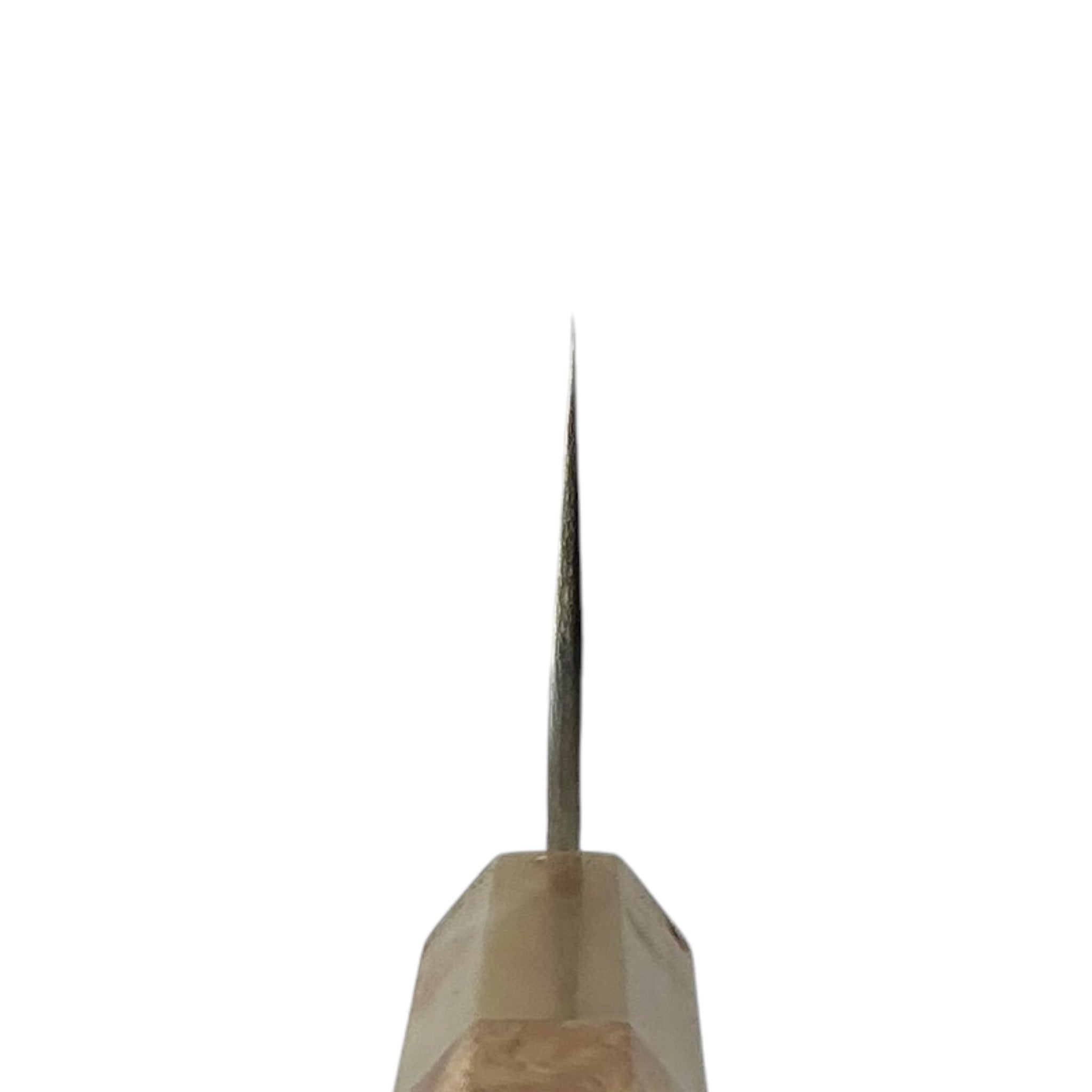 Choil view of Nigara VG-XEOS polished tsuchime santoku showing thin cutting geometry and horn ferrule.