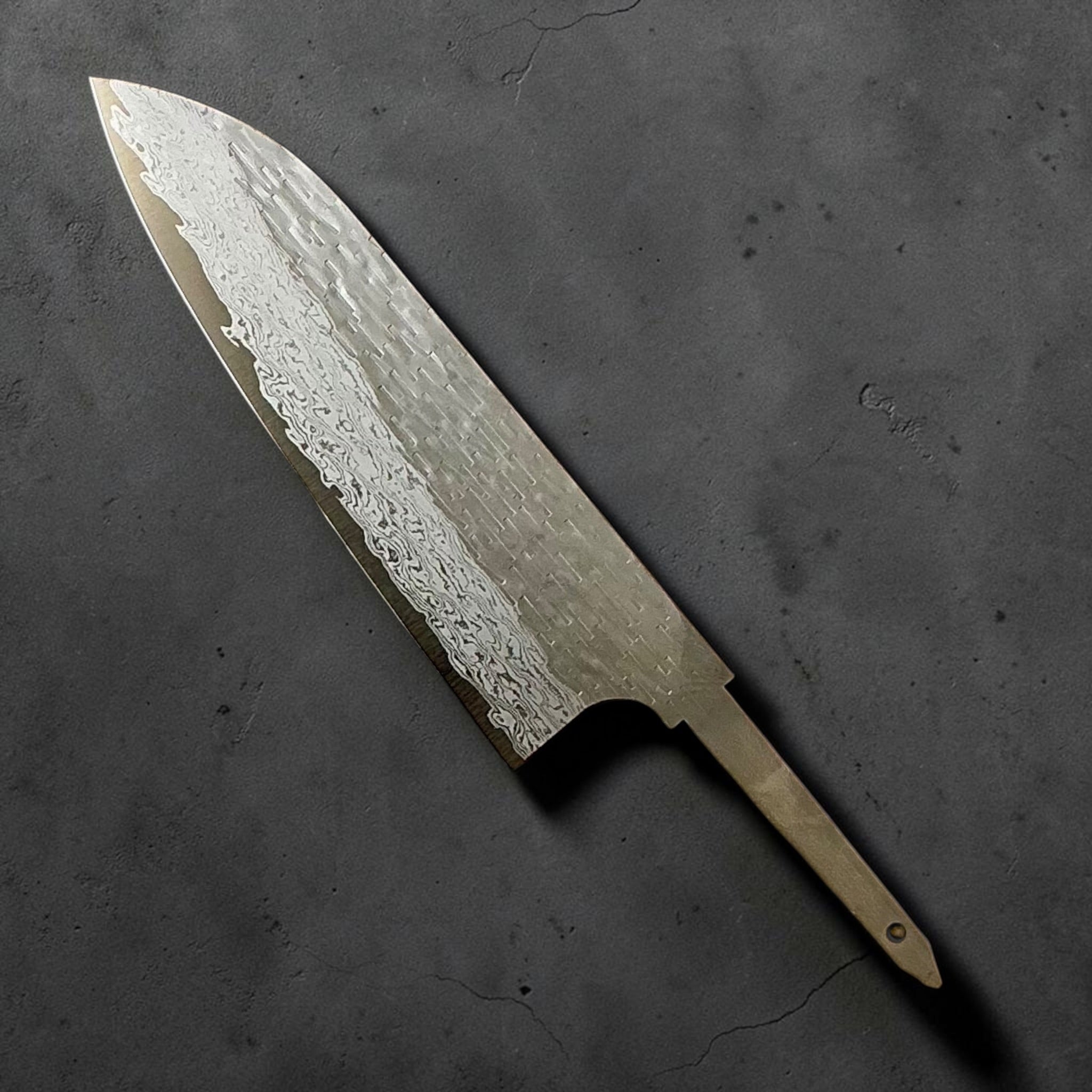 Nigara VG-XEOS polished tsuchime santoku 170mm blade only with exposed tang, reverse view.