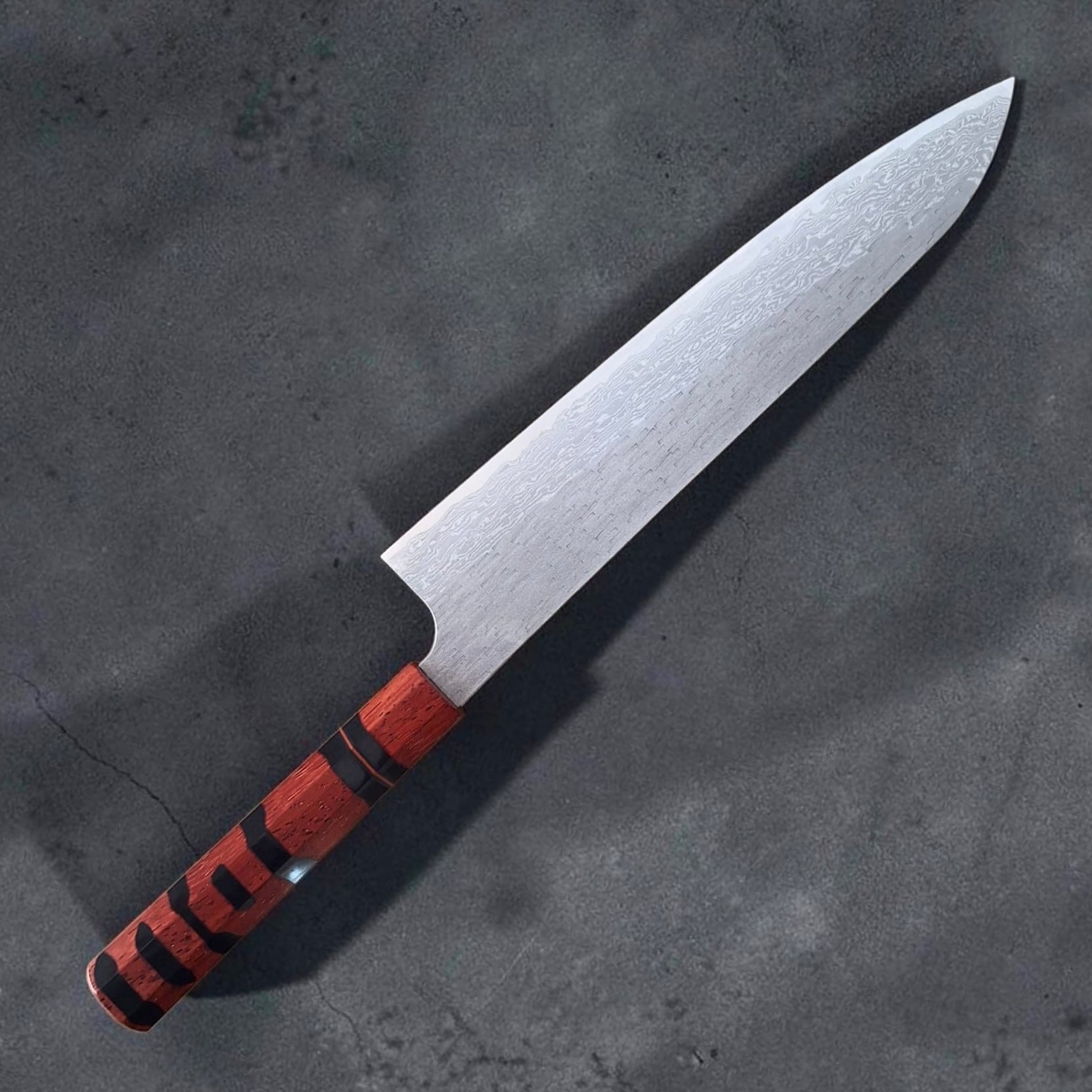 Nigara VG-XEOS Tsuchime Gyuto 240mm with Prisma Knife red and black handle, reverse side view