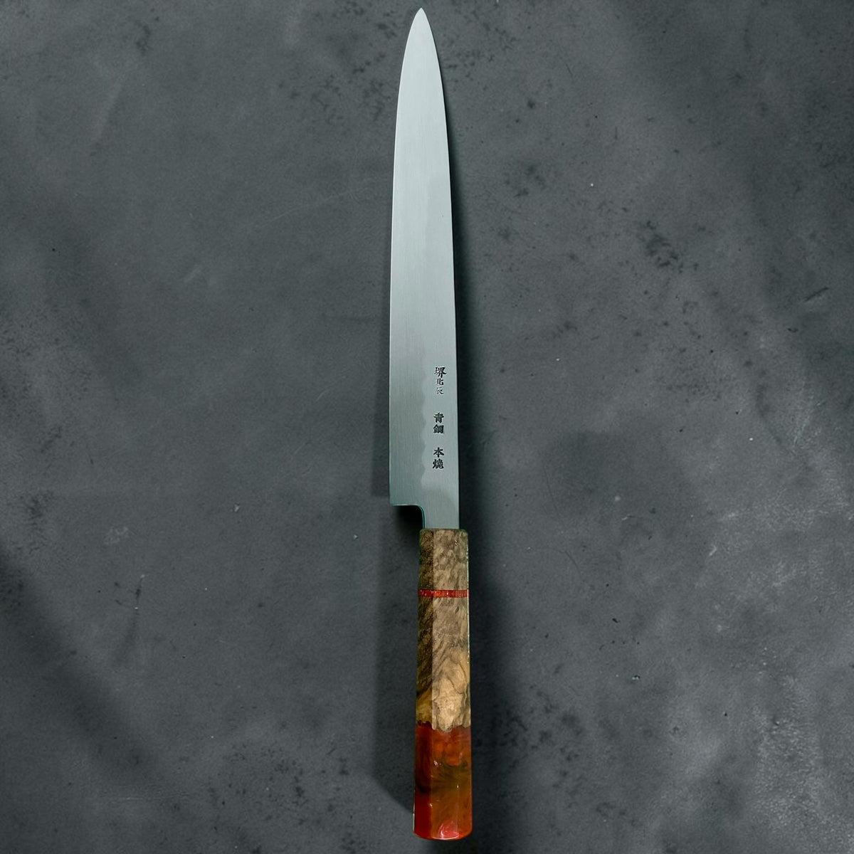 Sakai Hokushin Aogami No. 2 Honyaki Wa-Sujihiki 275mm, full upright view with Prisma handle #handle_prisma handle