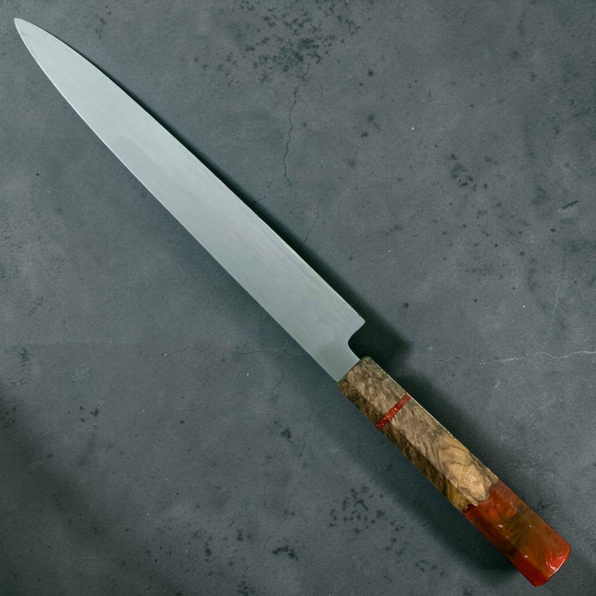 Sakai Hokushin Aogami No. 2 Honyaki Wa-Sujihiki 275mm, vue complète de l'envers avec manche Prisma #handle_prisma handle