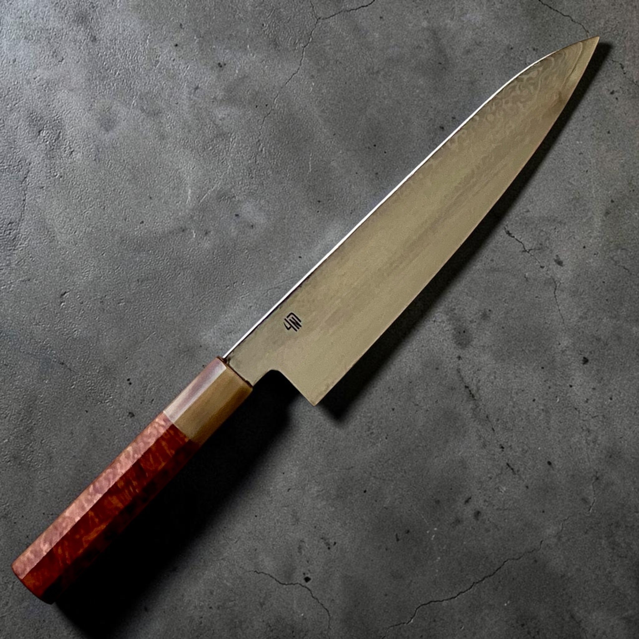 Sakamoto-Ginsan #3 Damascus Gyuto 210mm, angled full-knife view showing the Damascus blade and custom wa handle.