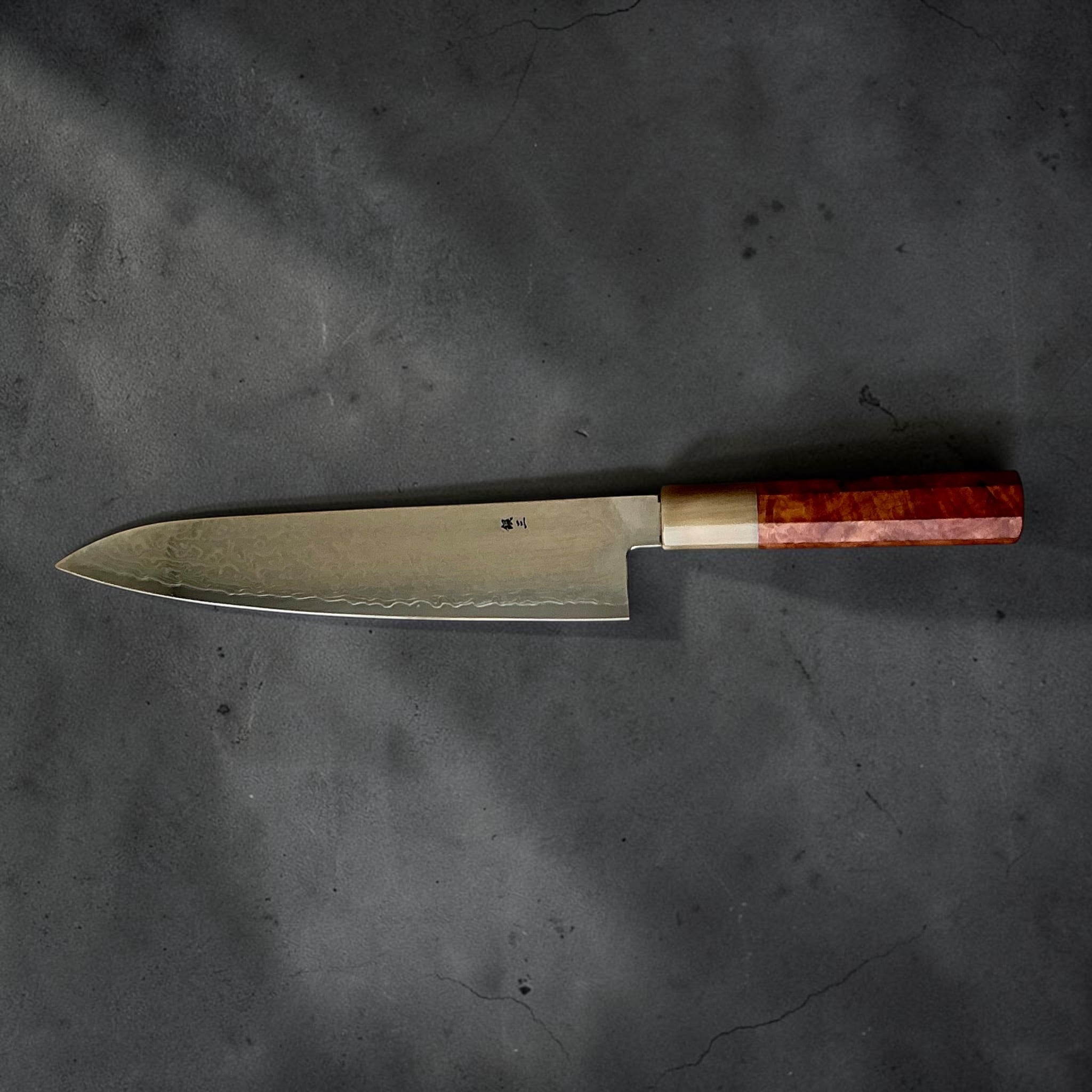 Sakamoto-Ginsan #3 Damascus Gyuto 210mm, reverse side profile showing the flowing Damascus pattern.
