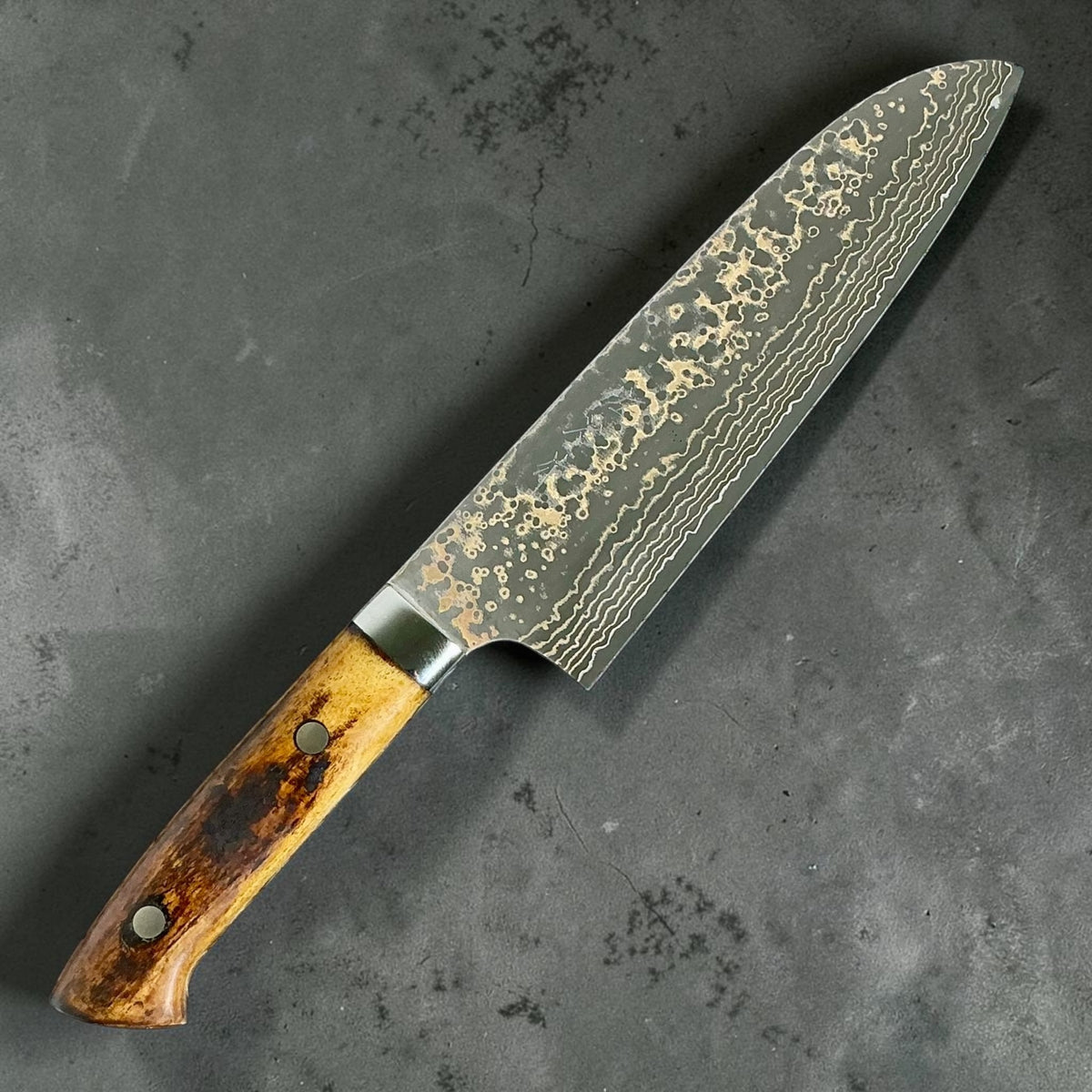 Angled view of the Takeshi Saji VG-10 Gold Damascus Santoku with cow bone handle