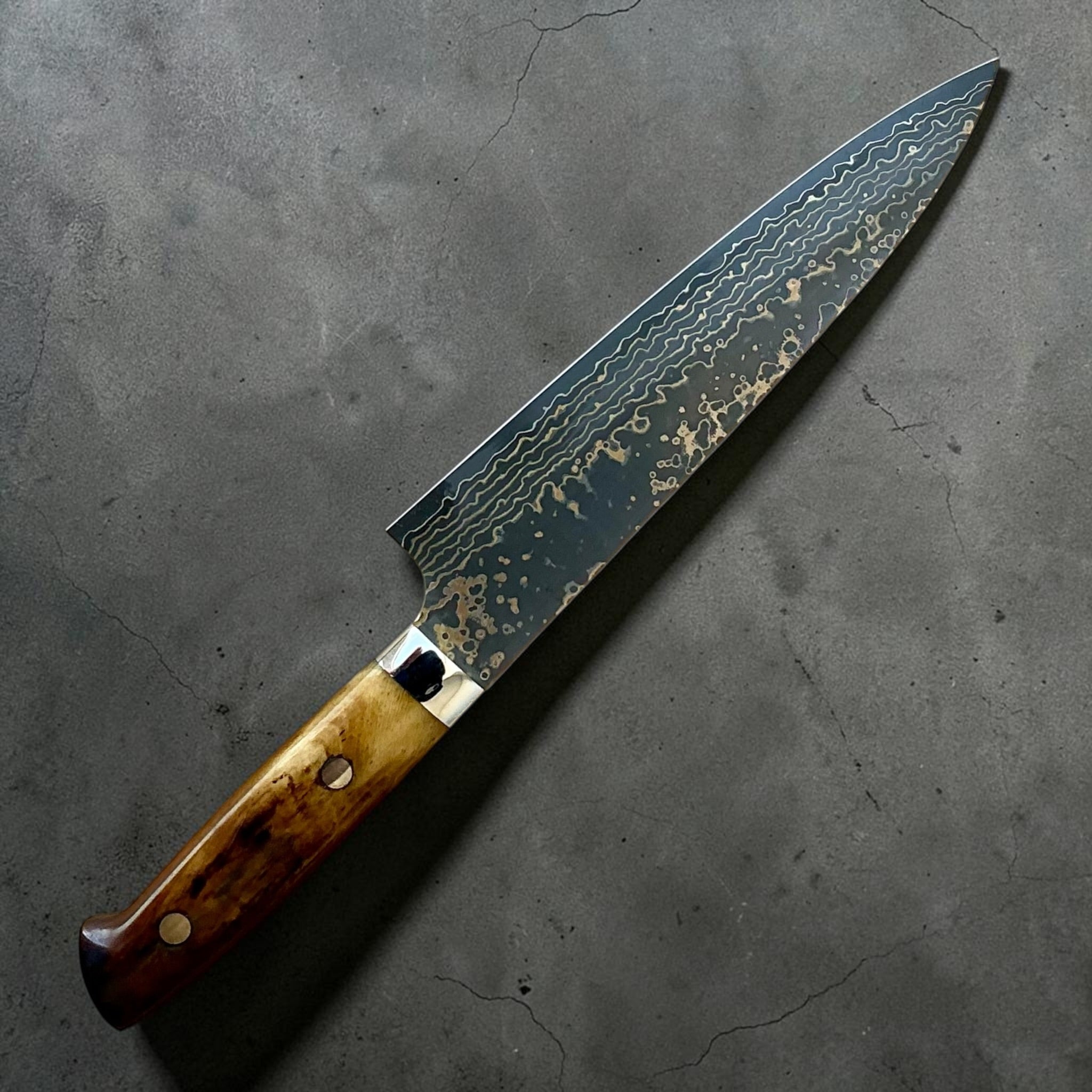 Takeshi Saji VG-10W Gold Damascus Gyuto 180 mm, dettaglio del lato opposto della lama e del manico in osso bovino.